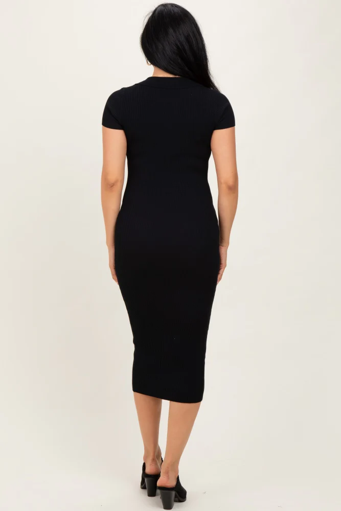 Black Ribbed Knit Midi Polo Dress - Image 4