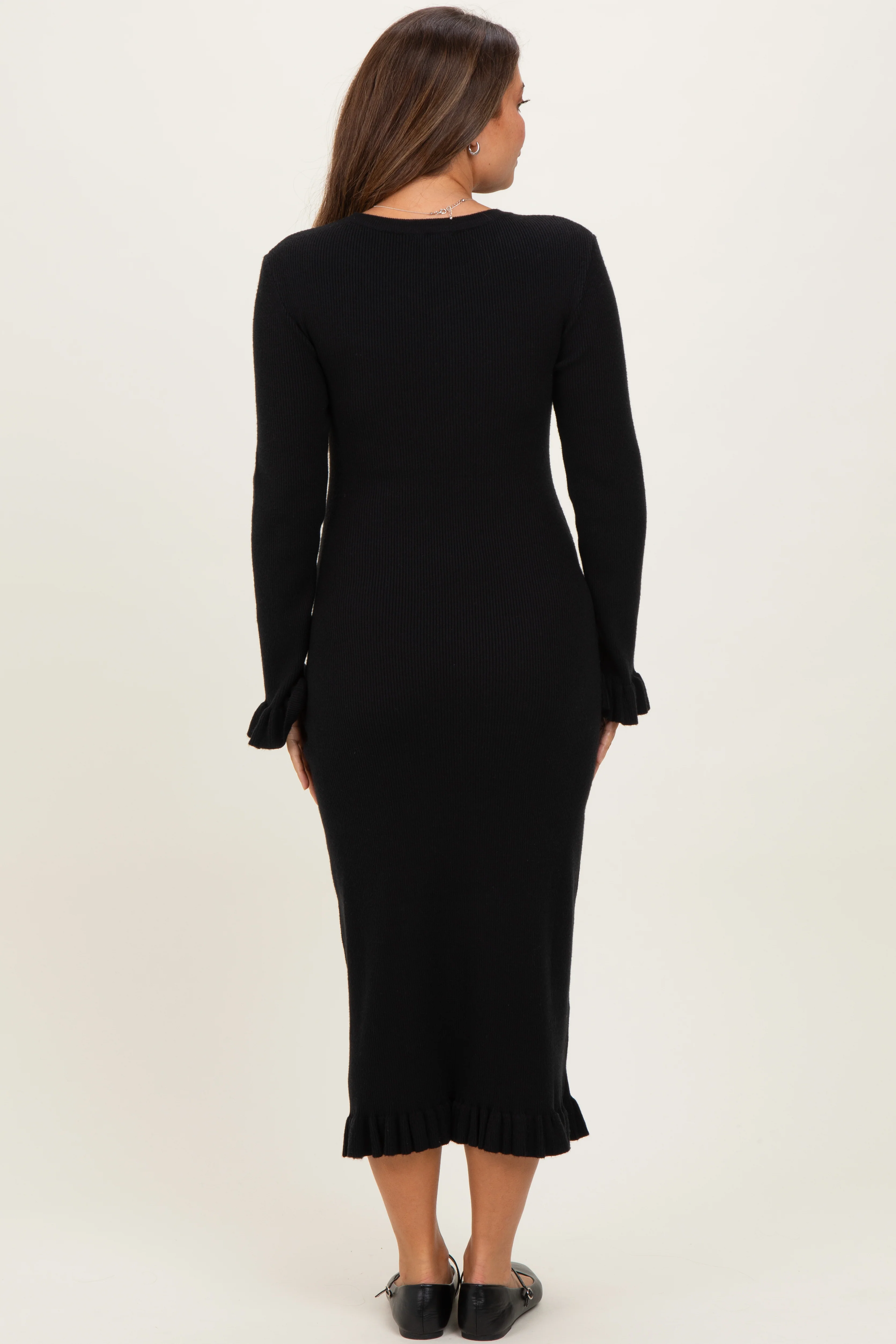 Black Ribbed Knit Ruffle Trim Maternity Midi Sweater Dress - Image 4