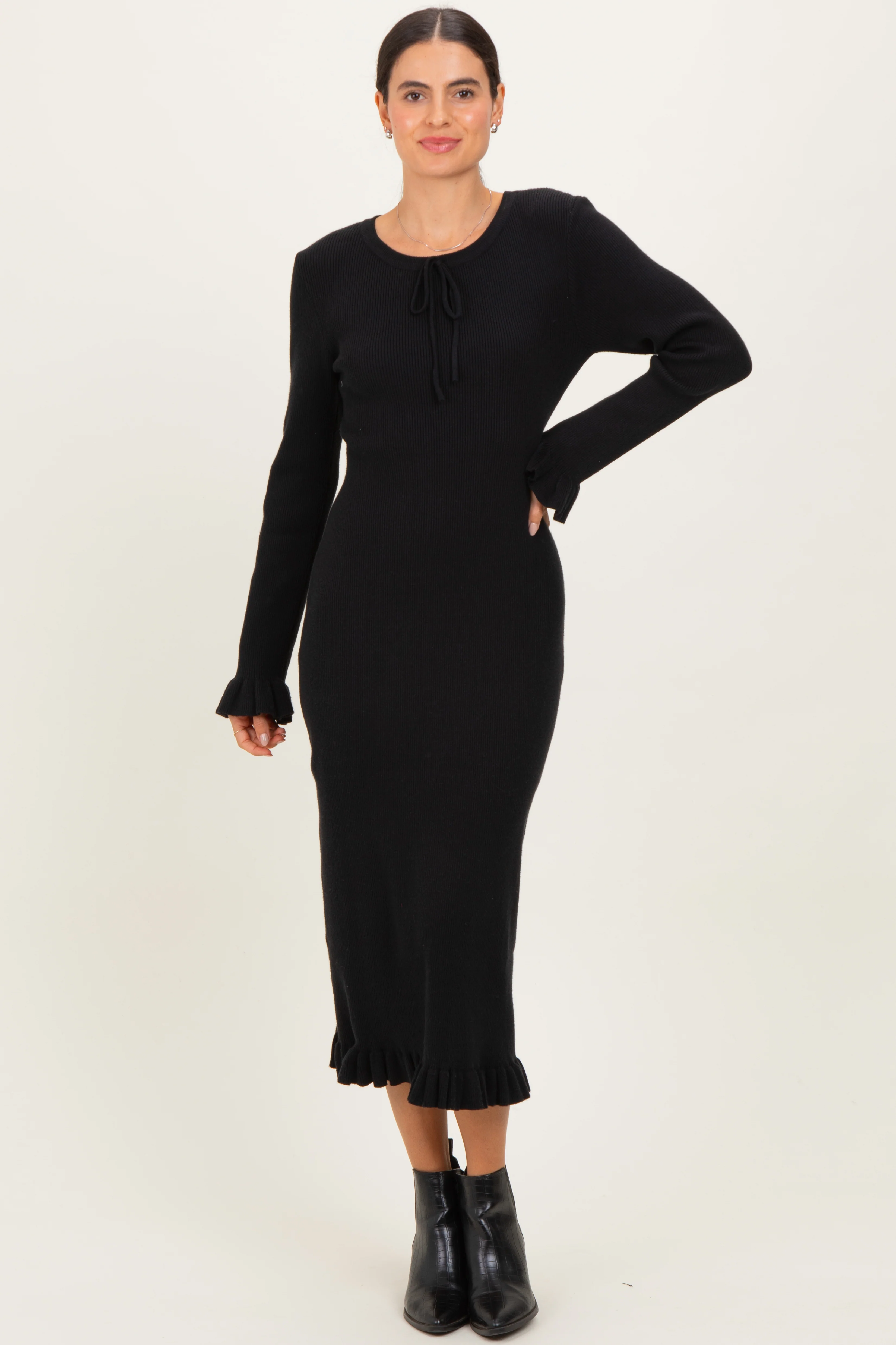 Black Ribbed Knit Ruffle Trim Maternity Midi Sweater Dress - Image 5