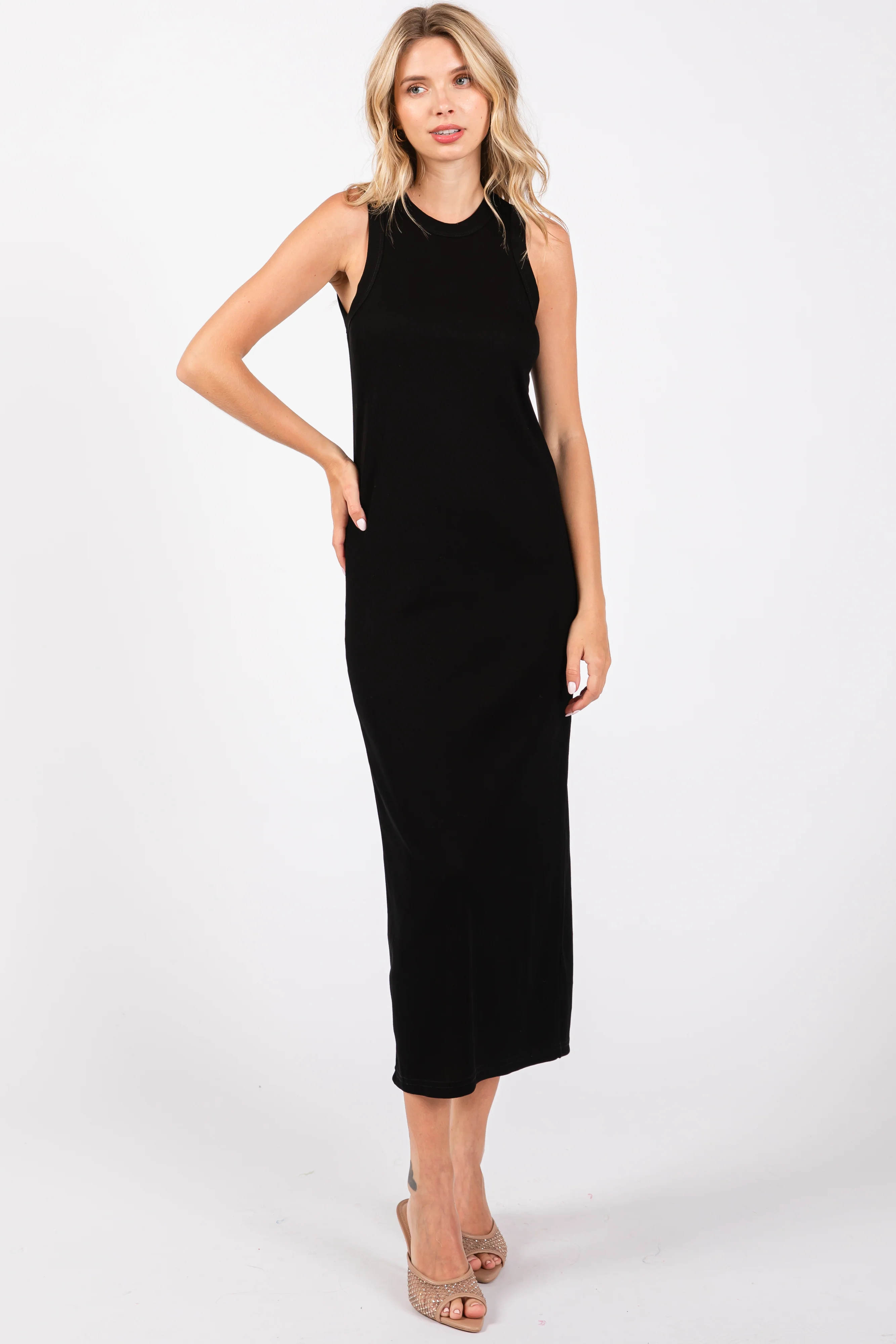 Black Ribbed Knit Sleeveless Maternity Dress - Image 4