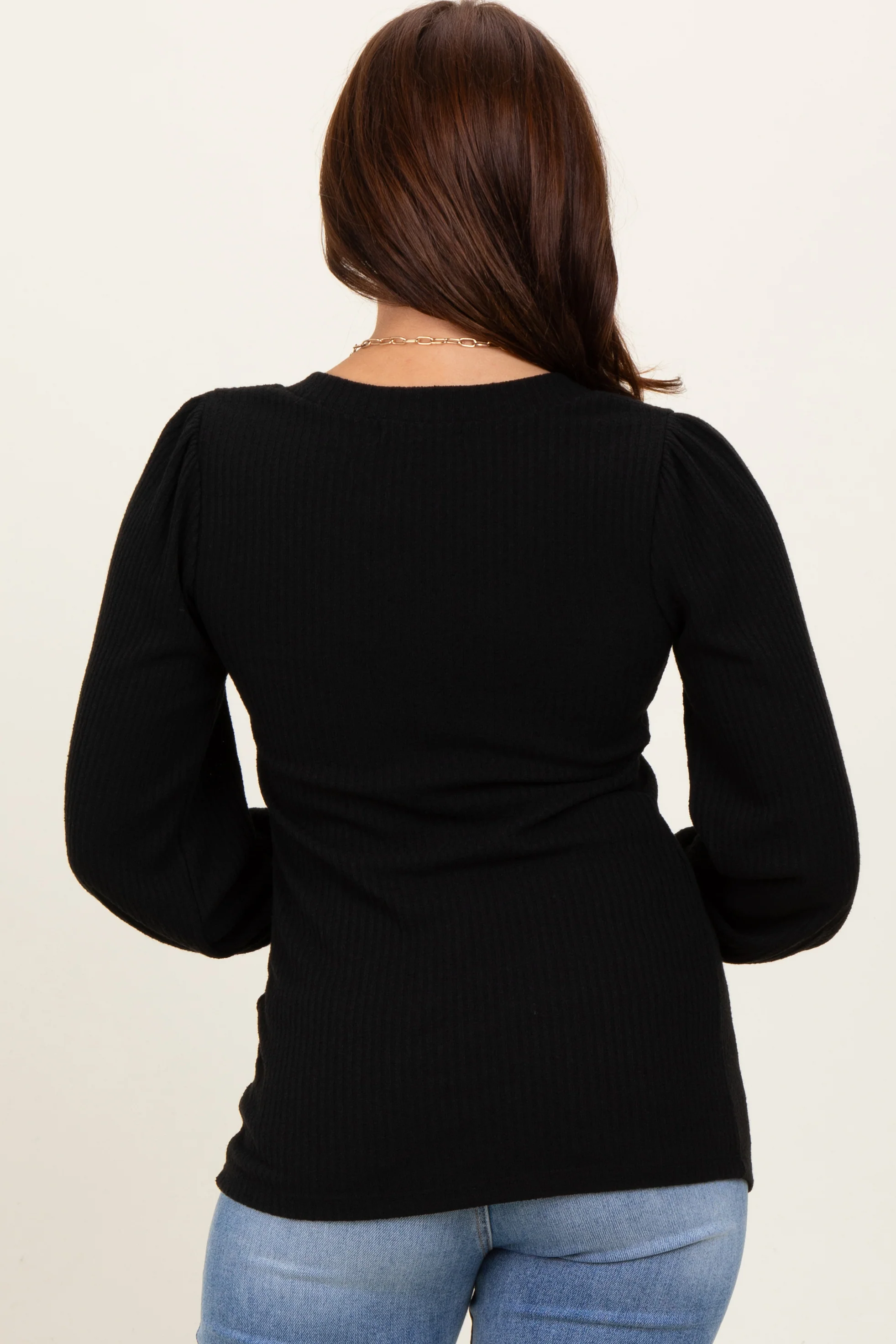 Black Ribbed Knit V-Neck Button Cuff Top - Image 4