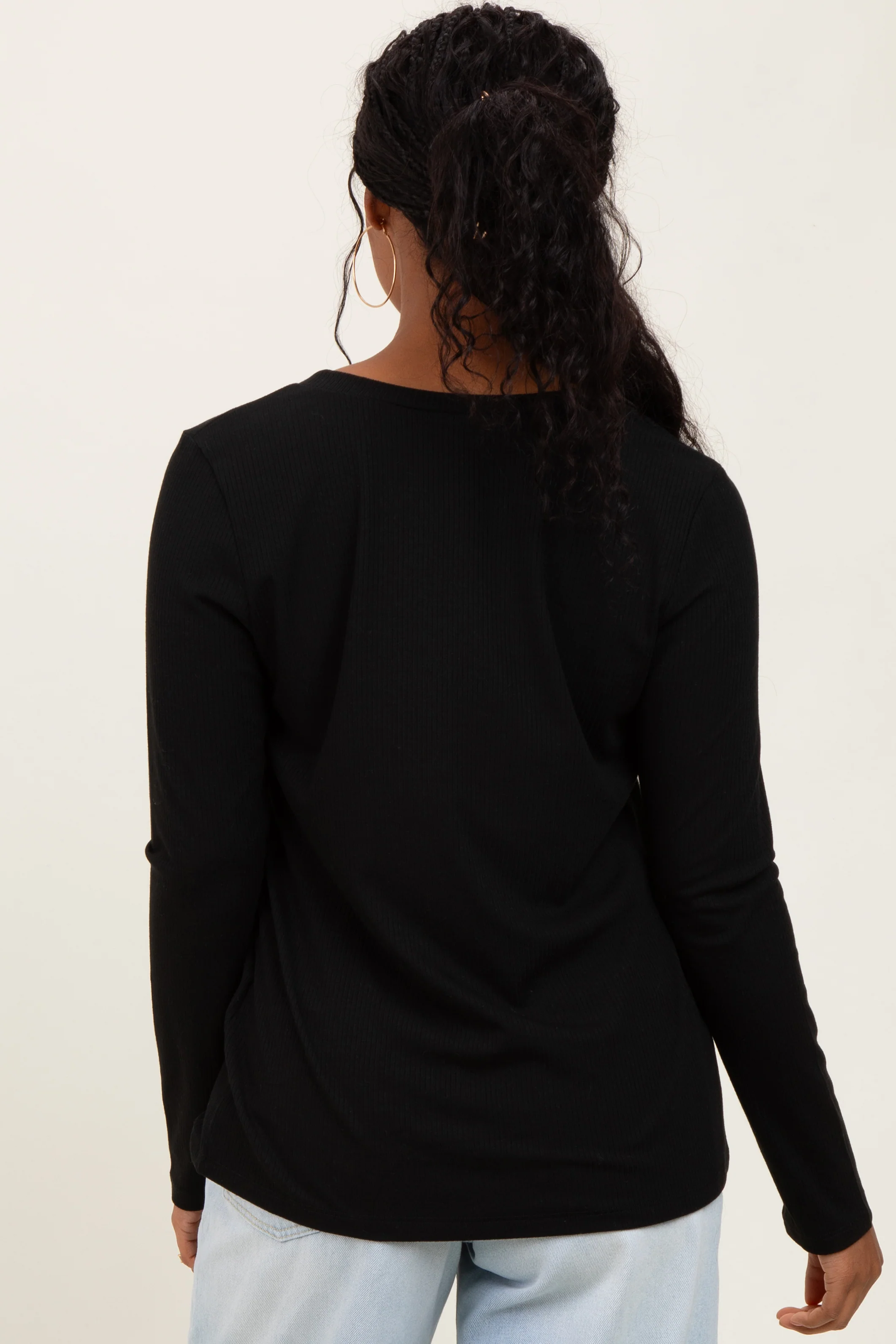 Black Ribbed Knit V-Neck Long Sleeve Top - Image 4