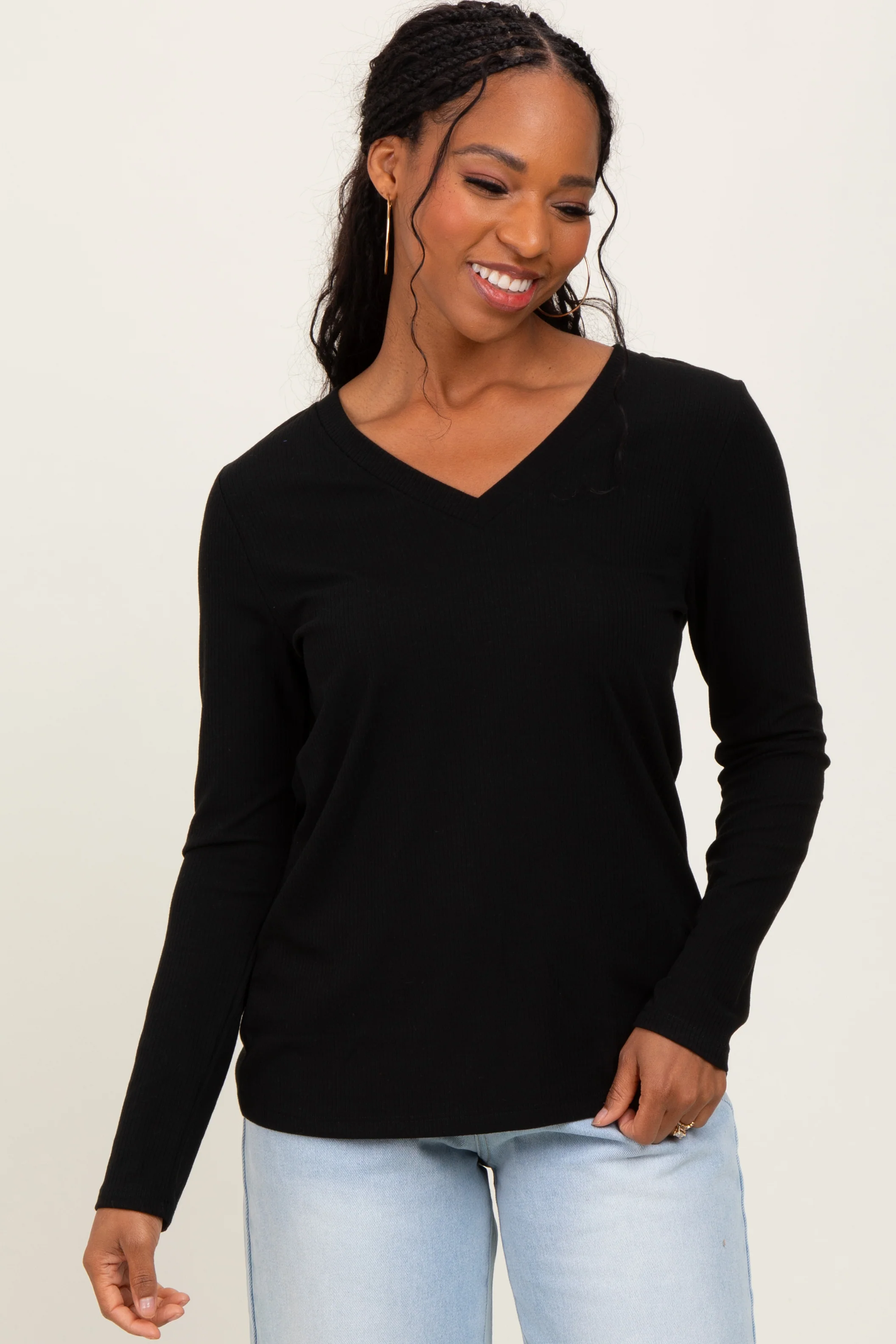 Black Ribbed Knit V-Neck Maternity Long Sleeve Top - Image 4