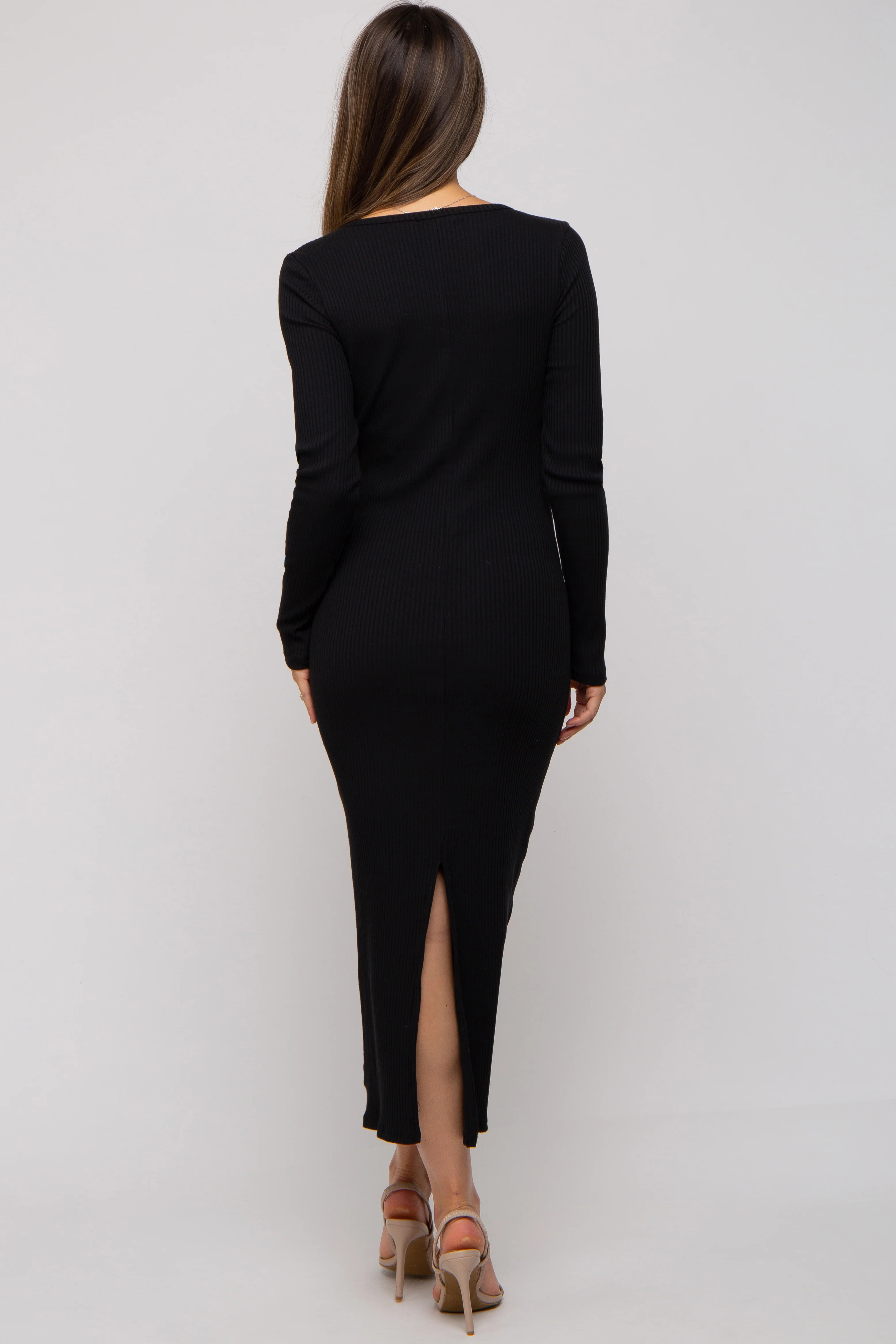 Black Ribbed Long Sleeve Maternity Maxi Dress - Image 3