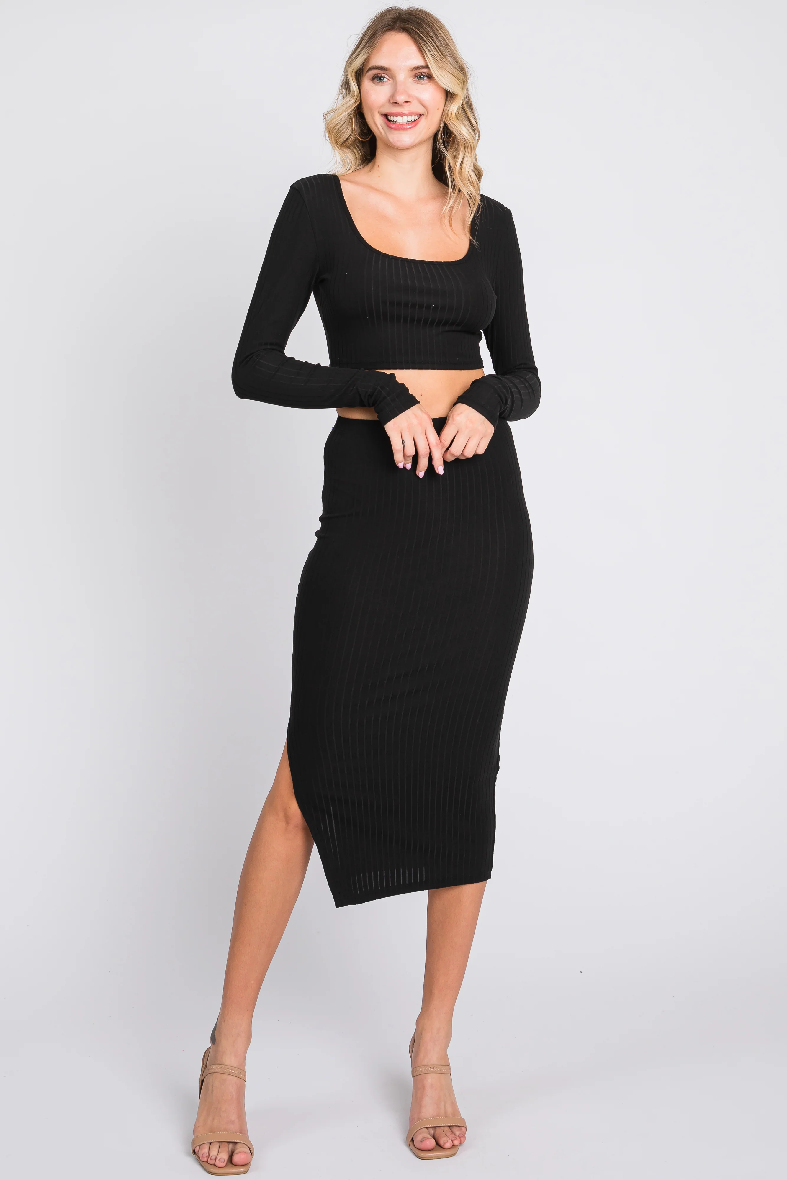 Black Ribbed Maternity Crop Top Midi Skirt Set - Image 5