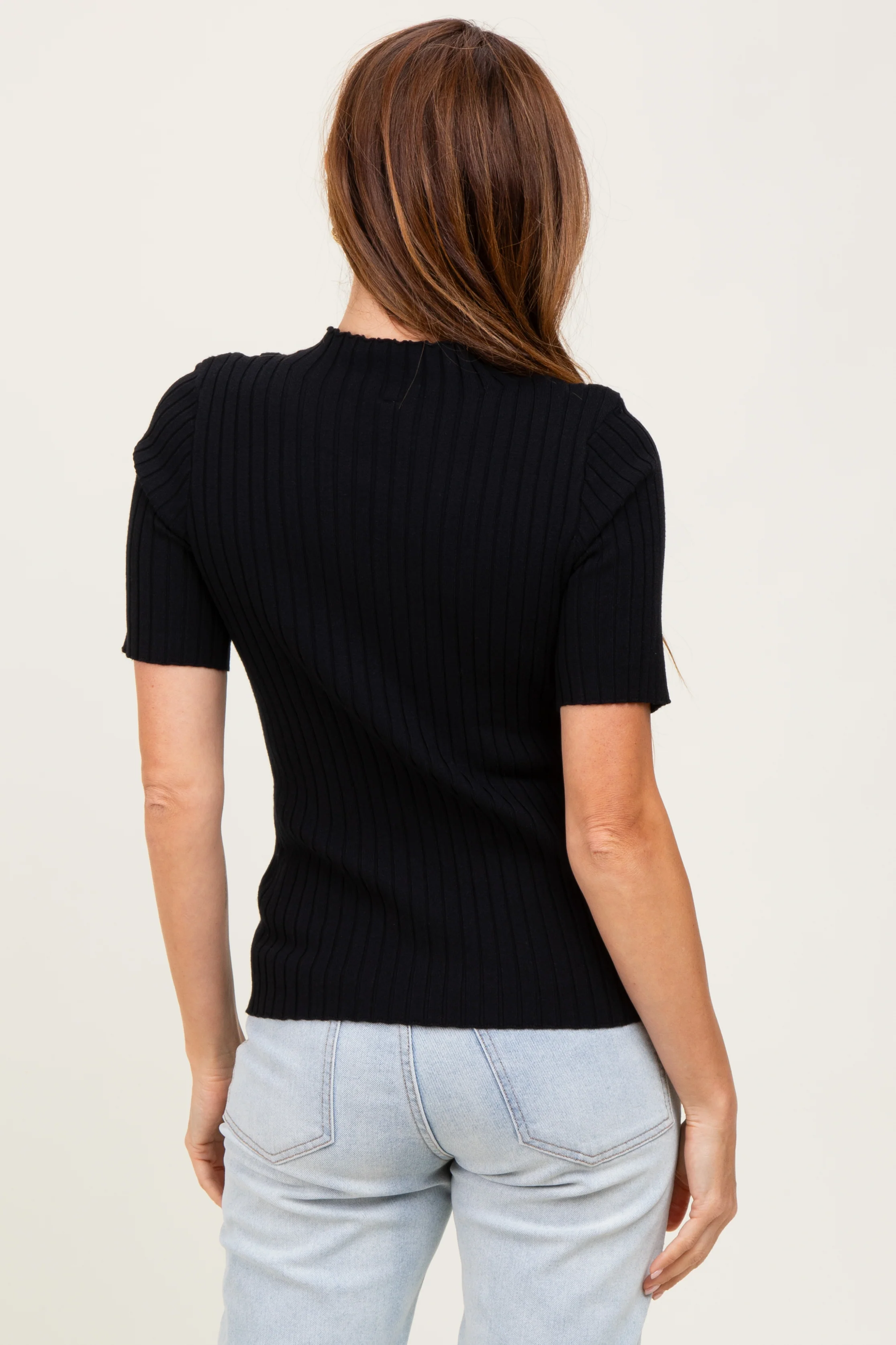 Black Ribbed Mock Neck Knit Short Sleeve Top - Image 4