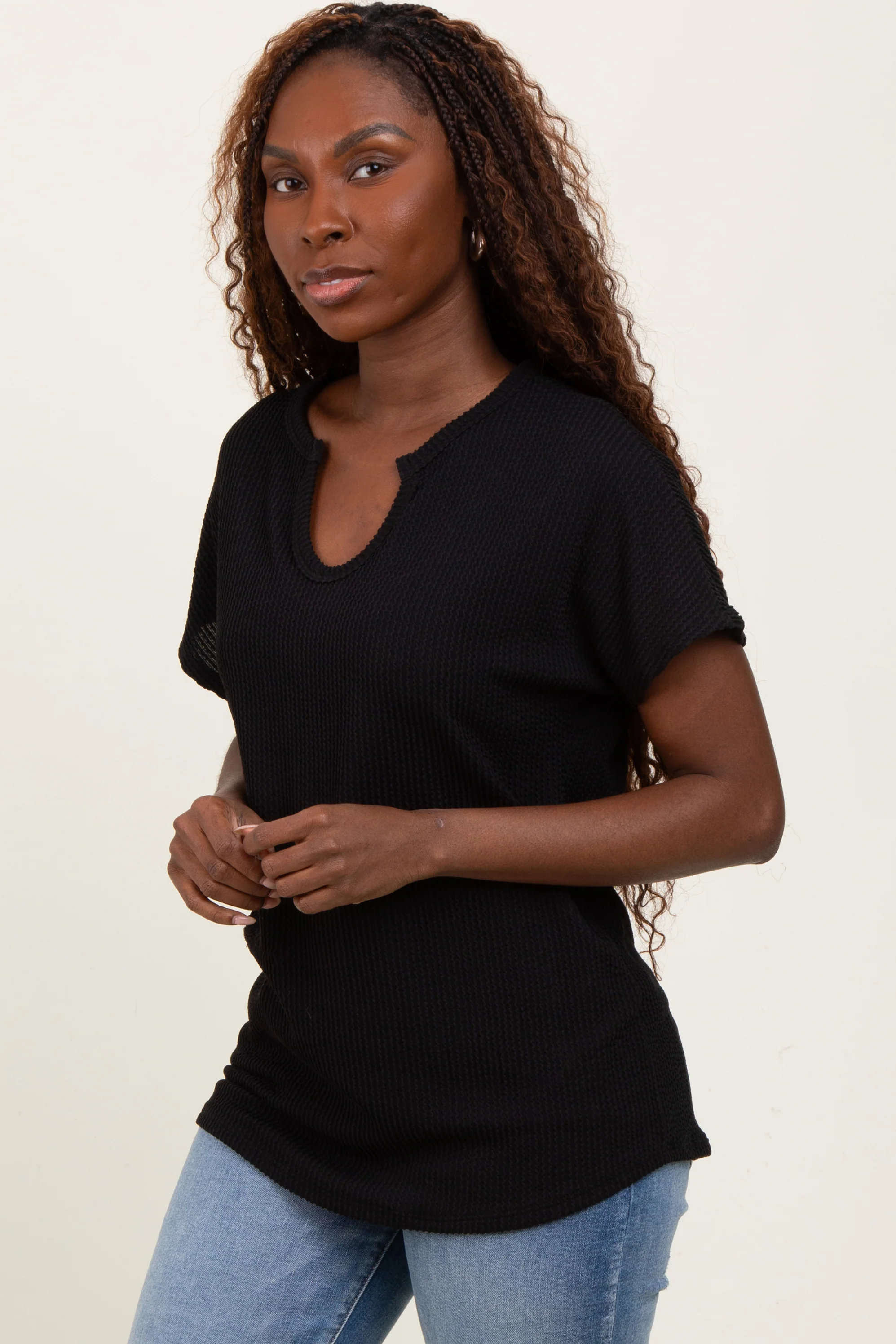 Black Ribbed Notched Neckline Top - Image 3