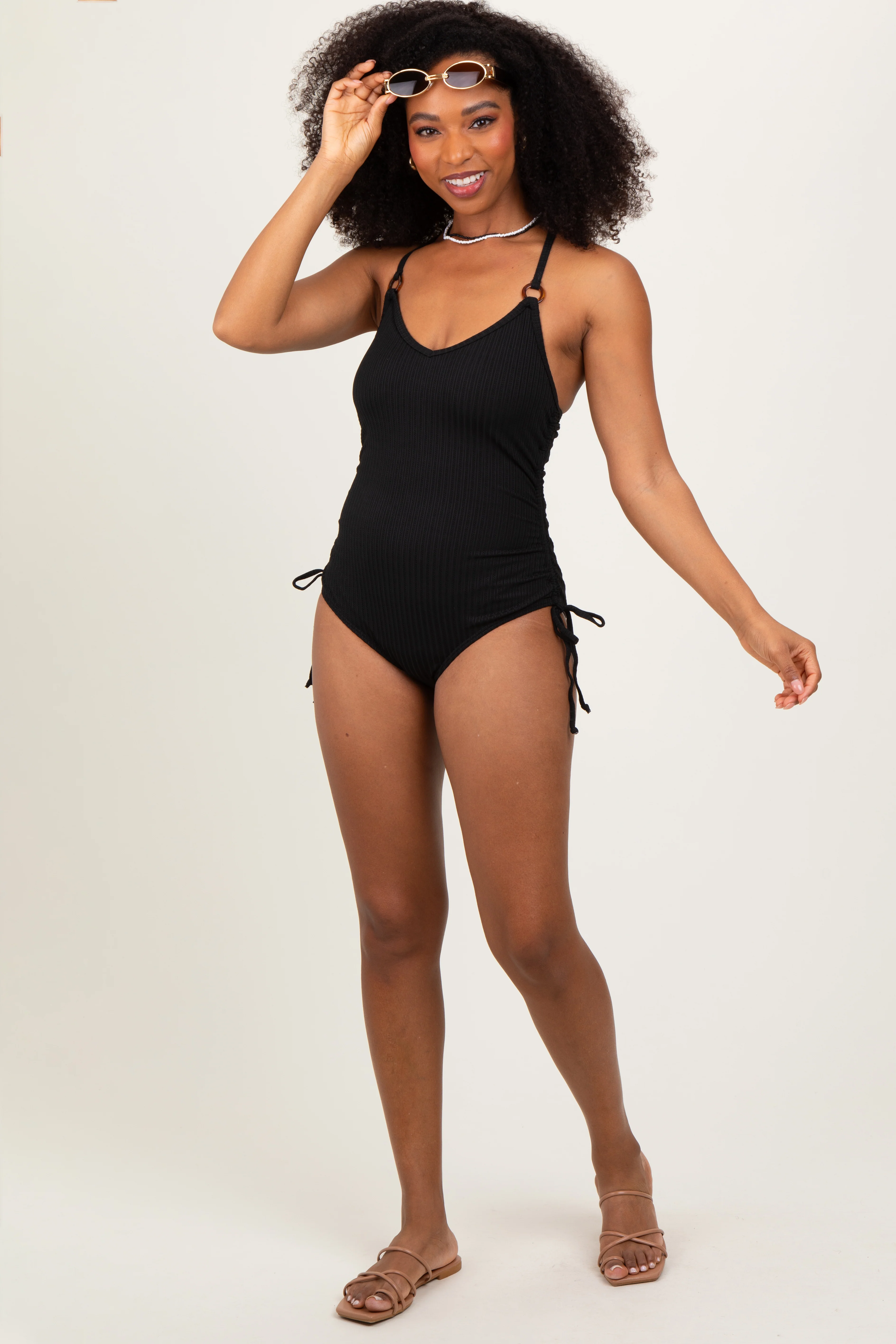 Black Ribbed O-Ring Strap Side Tie Swimsuit - Image 2