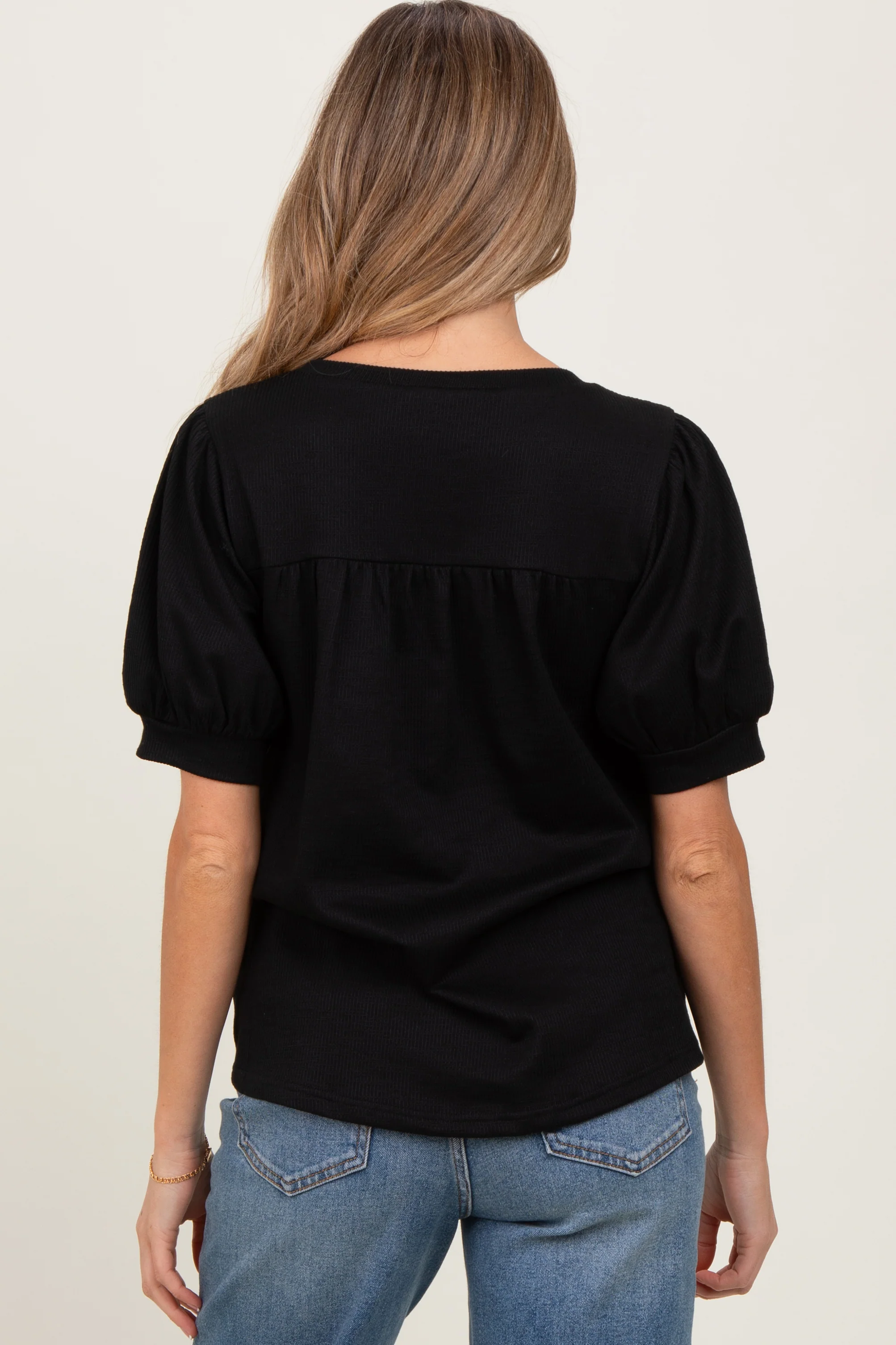 Black Ribbed Puffed Sleeve Maternity Top - Image 3