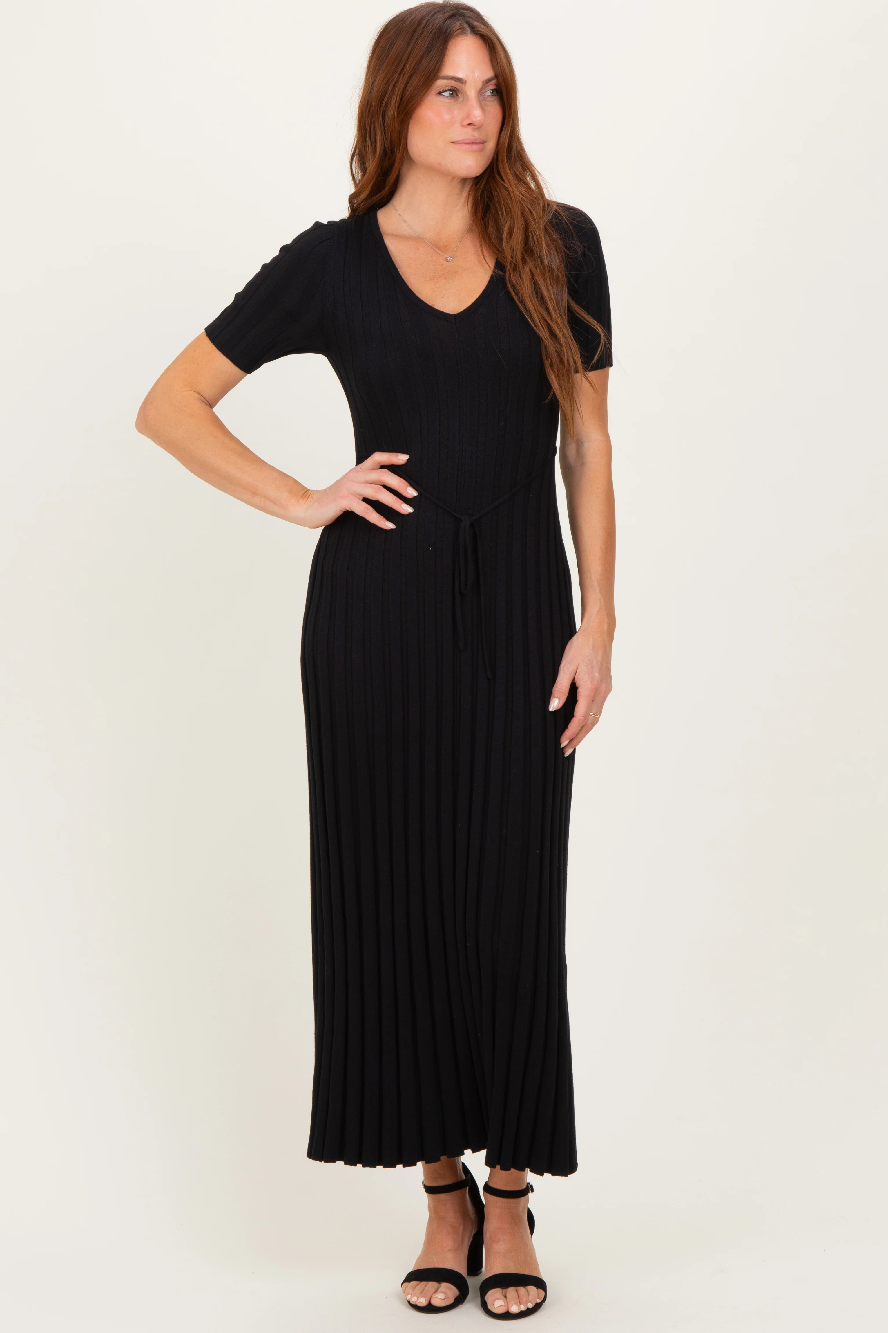 Black Ribbed Short Sleeve Maternity Knit Maxi Dress - Image 5