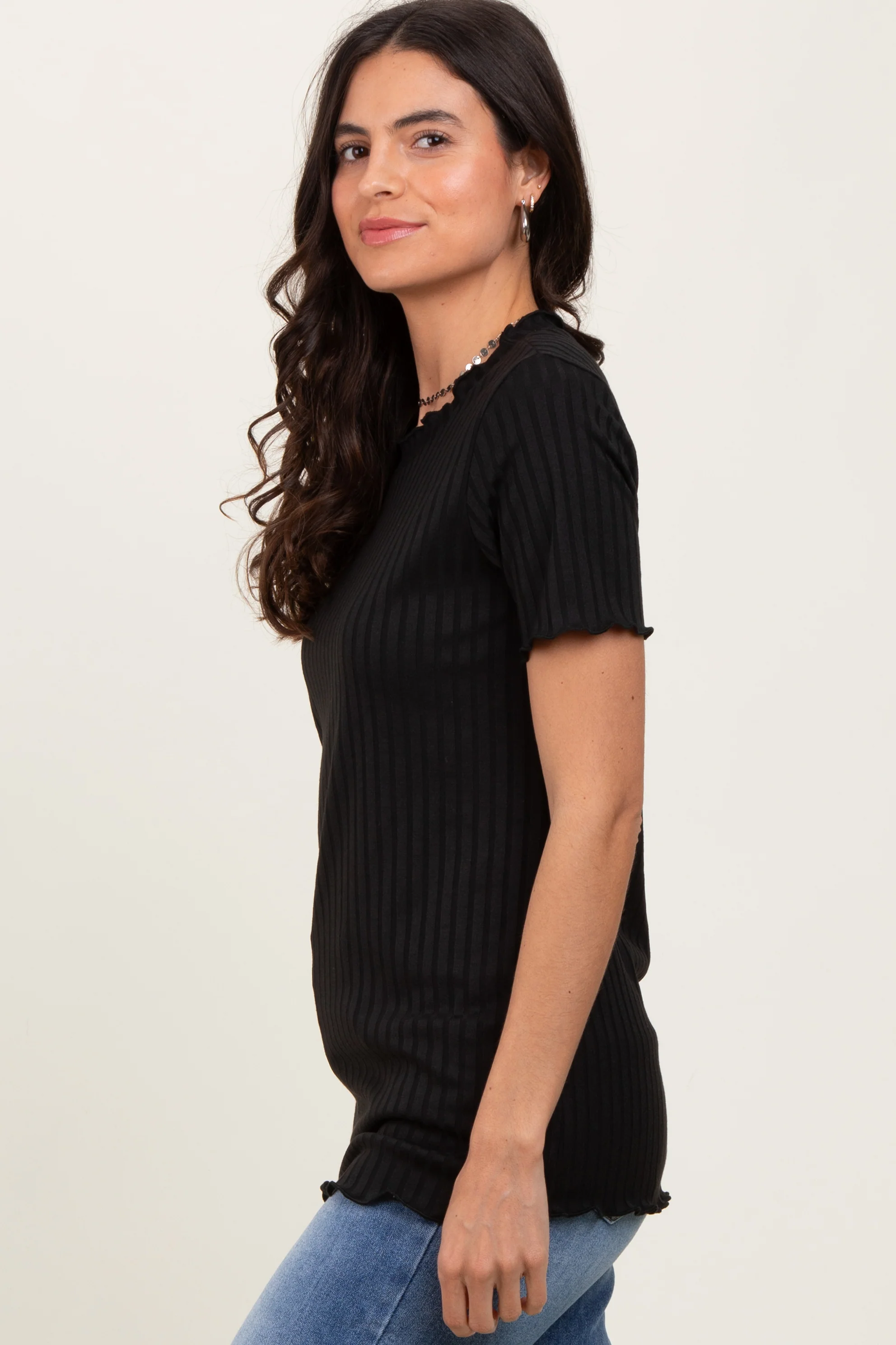 Black Ribbed Short Sleeve Top - Image 3