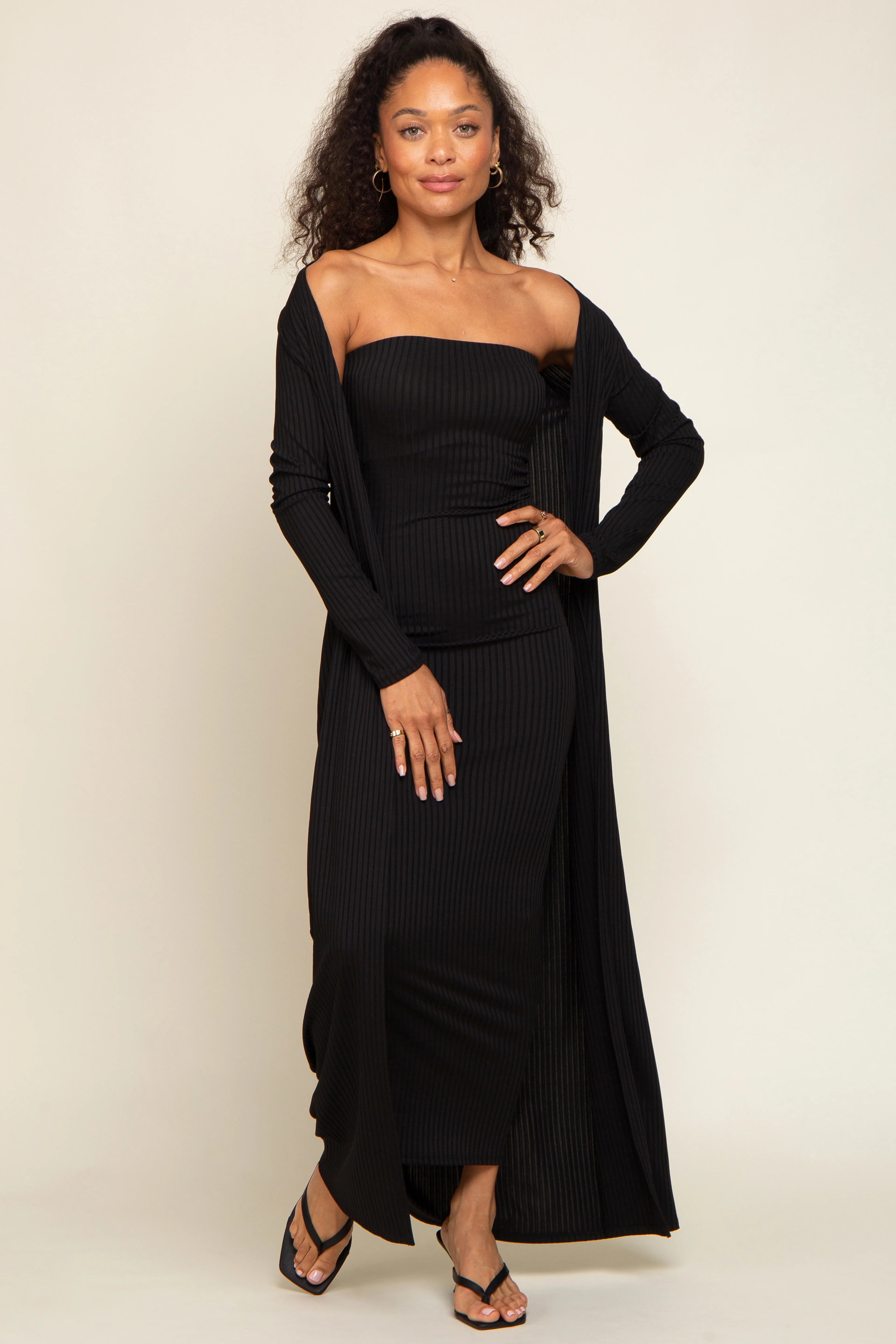 Black Ribbed Sleeveless Dress Cardigan Maternity Set - Image 14