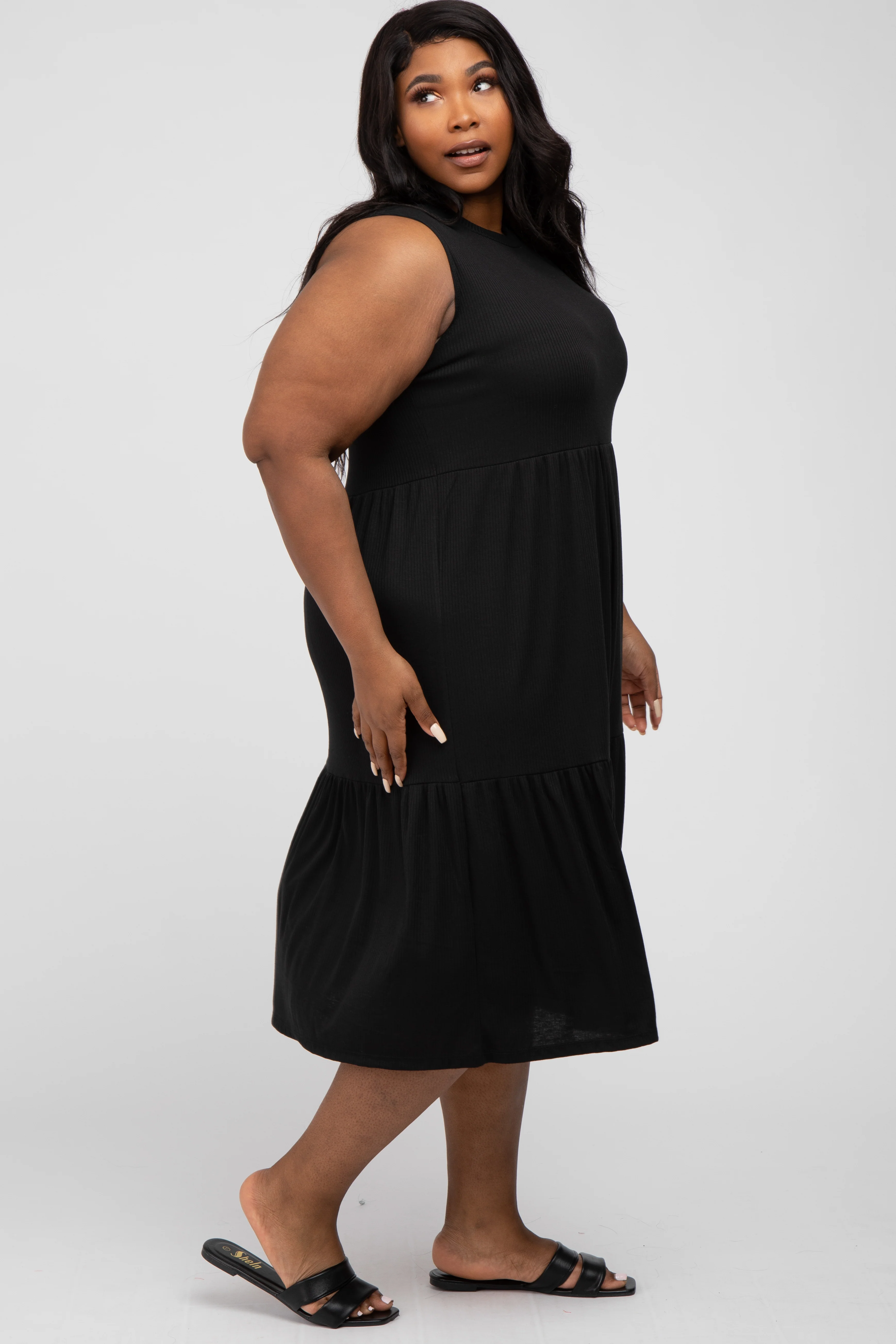 Black Ribbed Sleeveless Plus Midi Dress - Image 2