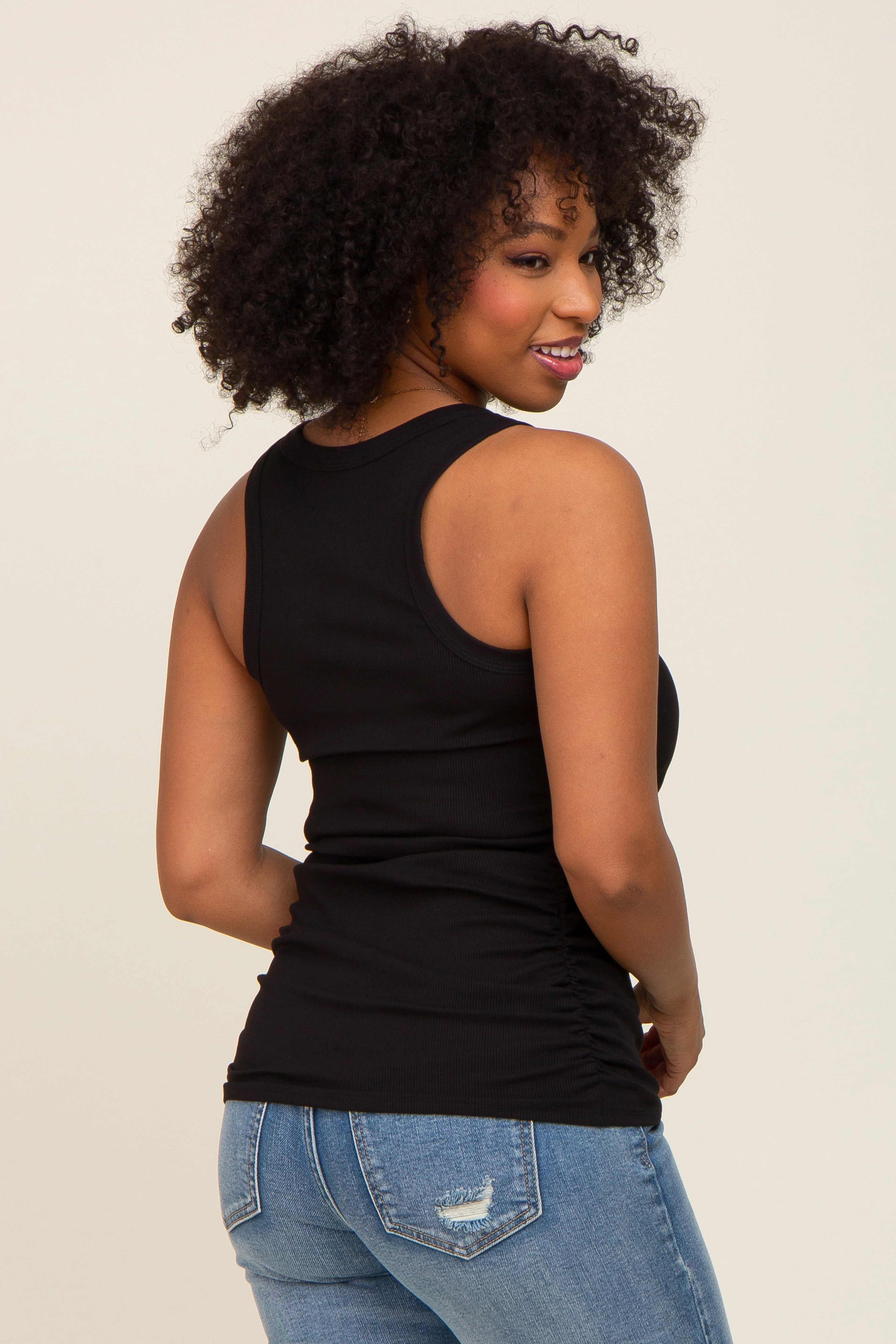Black Ribbed Sleeveless Ruched Tank Top - Image 3