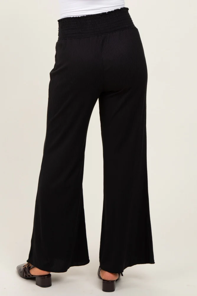 Black Ribbed Smocked Waistband Wide Leg Pants - Image 4