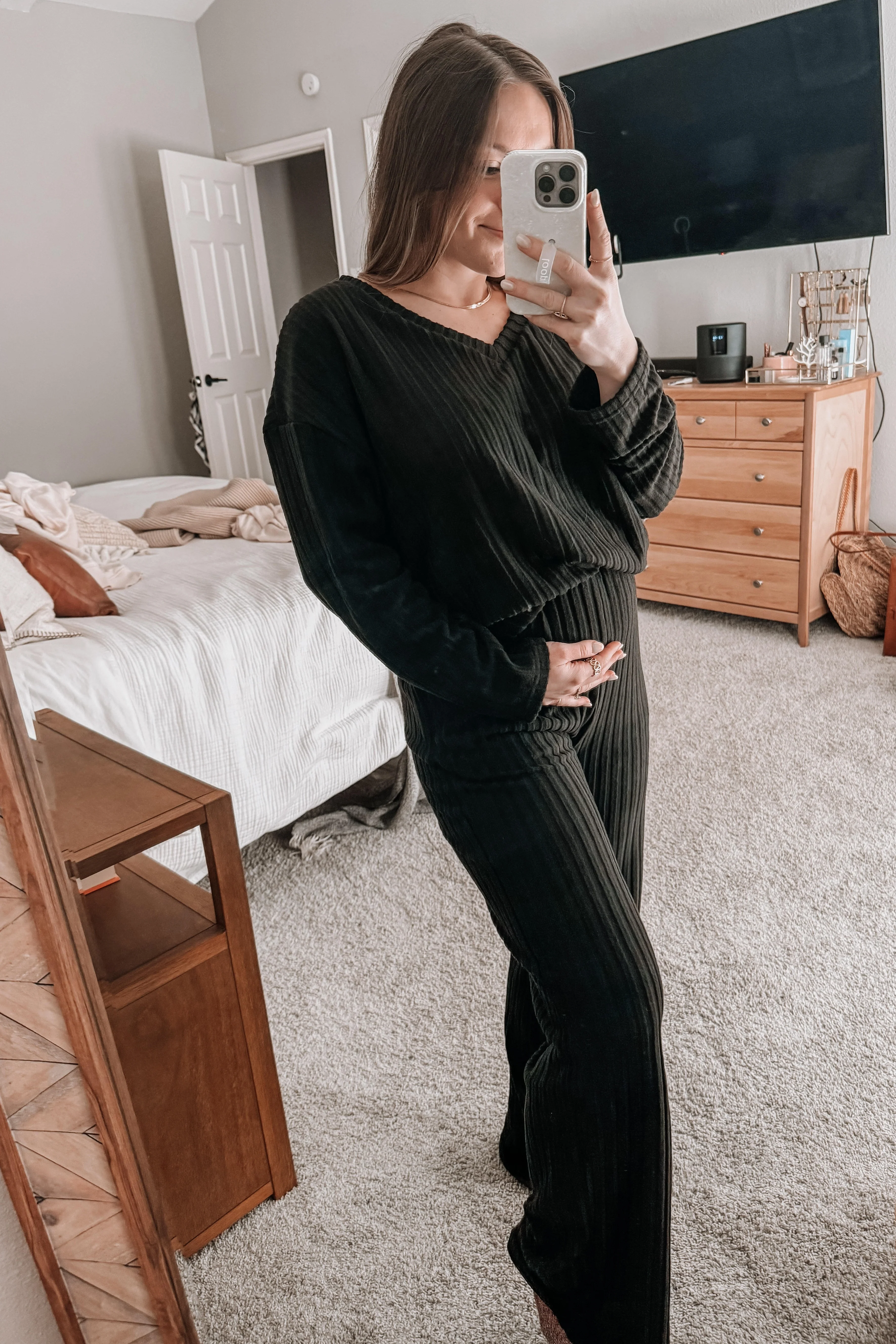 Black Ribbed Soft Knit Long Sleeve Maternity Pajama Set - Image 7