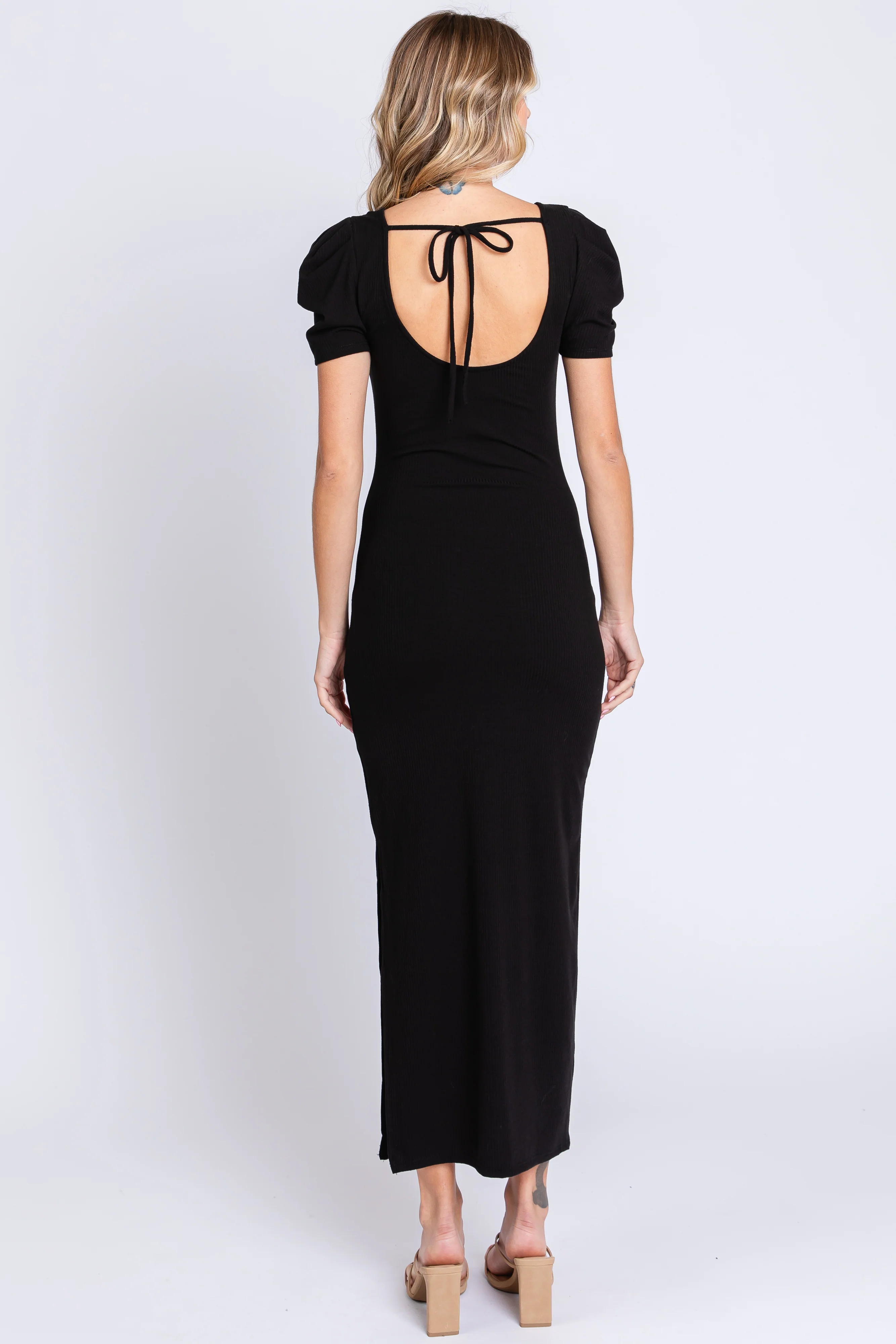 Black Ribbed Square Neck Side Slit Dress - Image 3