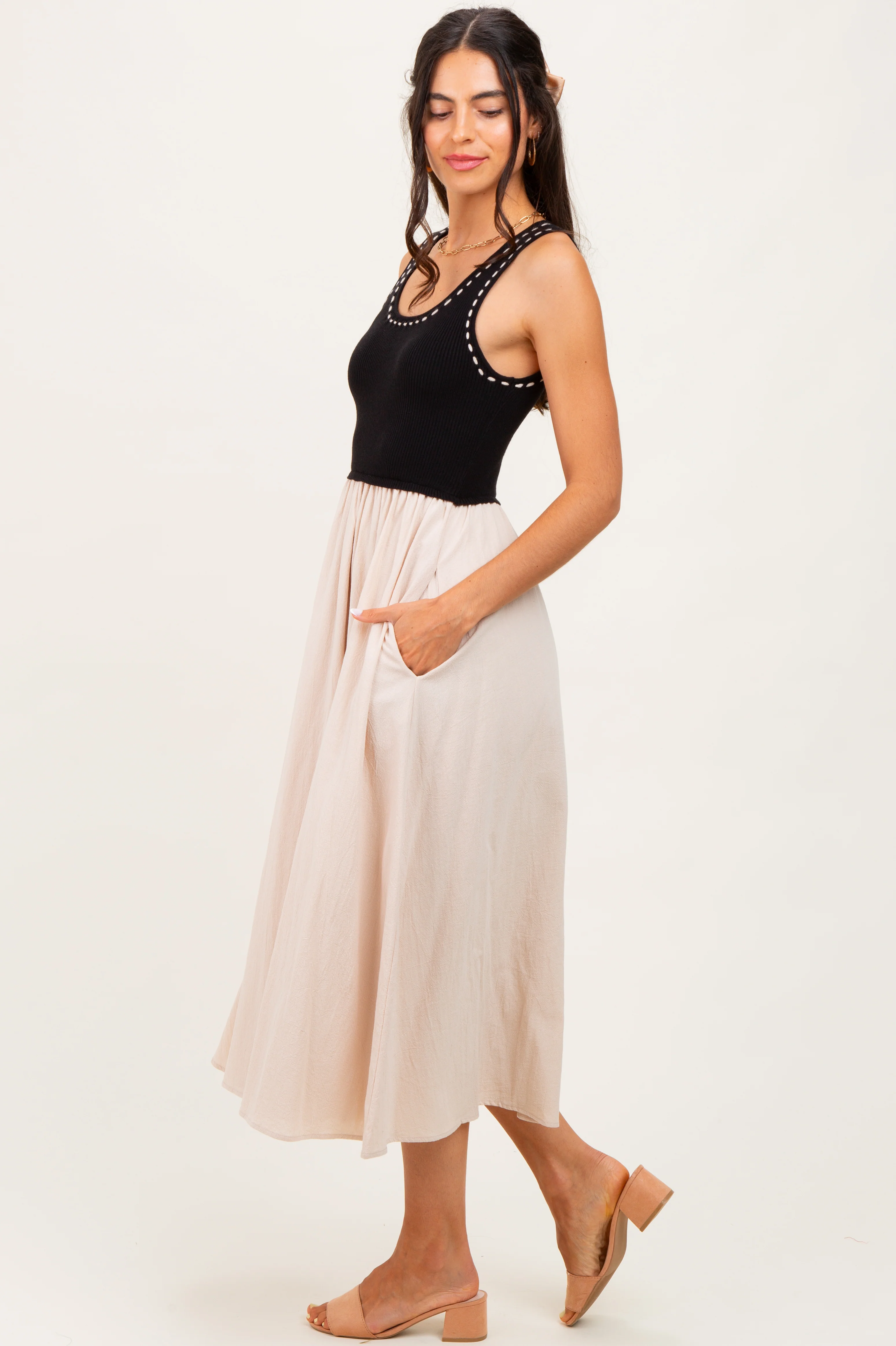 Black Ribbed Top Contrast Sleeveless Midi Dress - Image 2