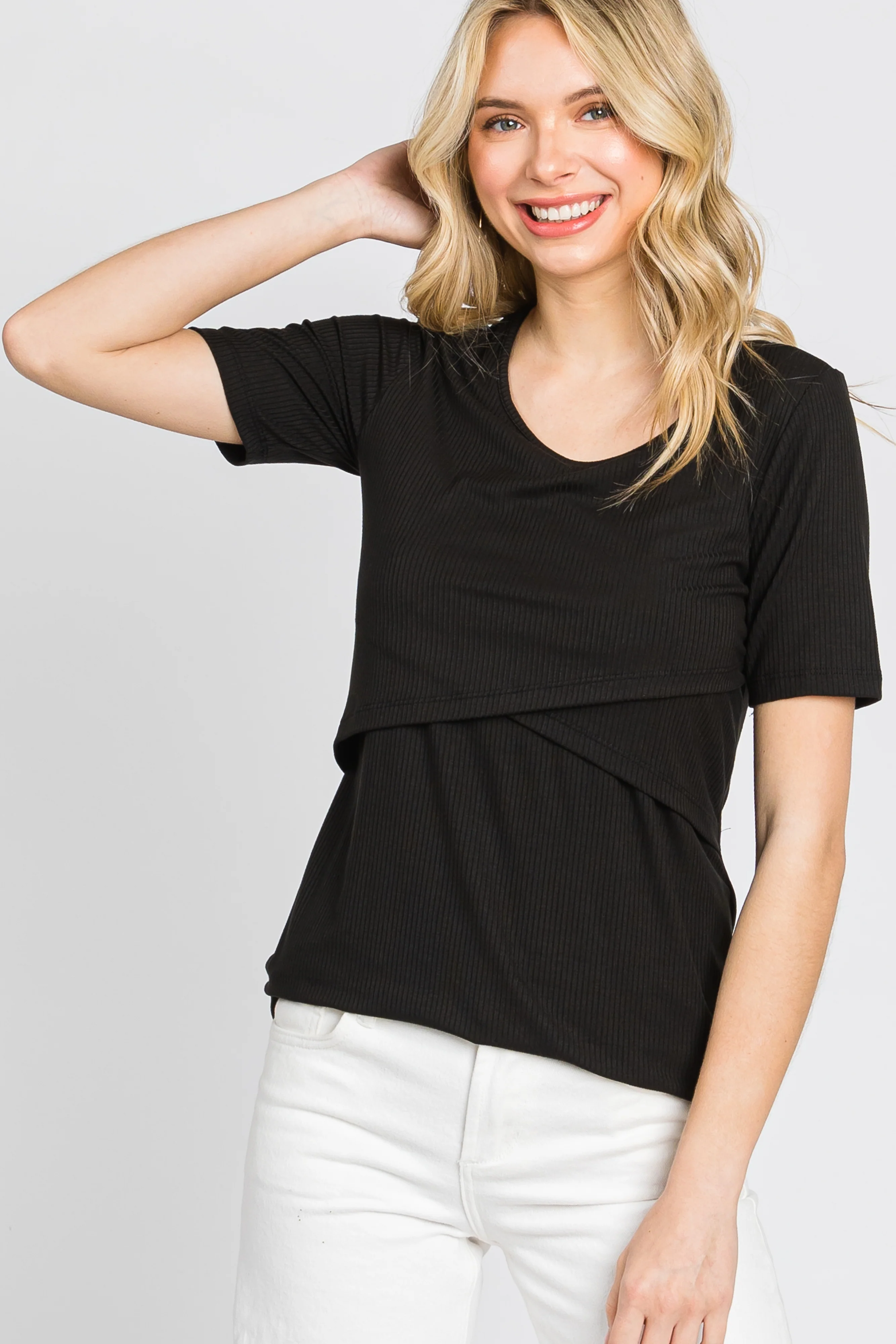 Black Ribbed Wrap Front Maternity/Nursing Top - Image 6