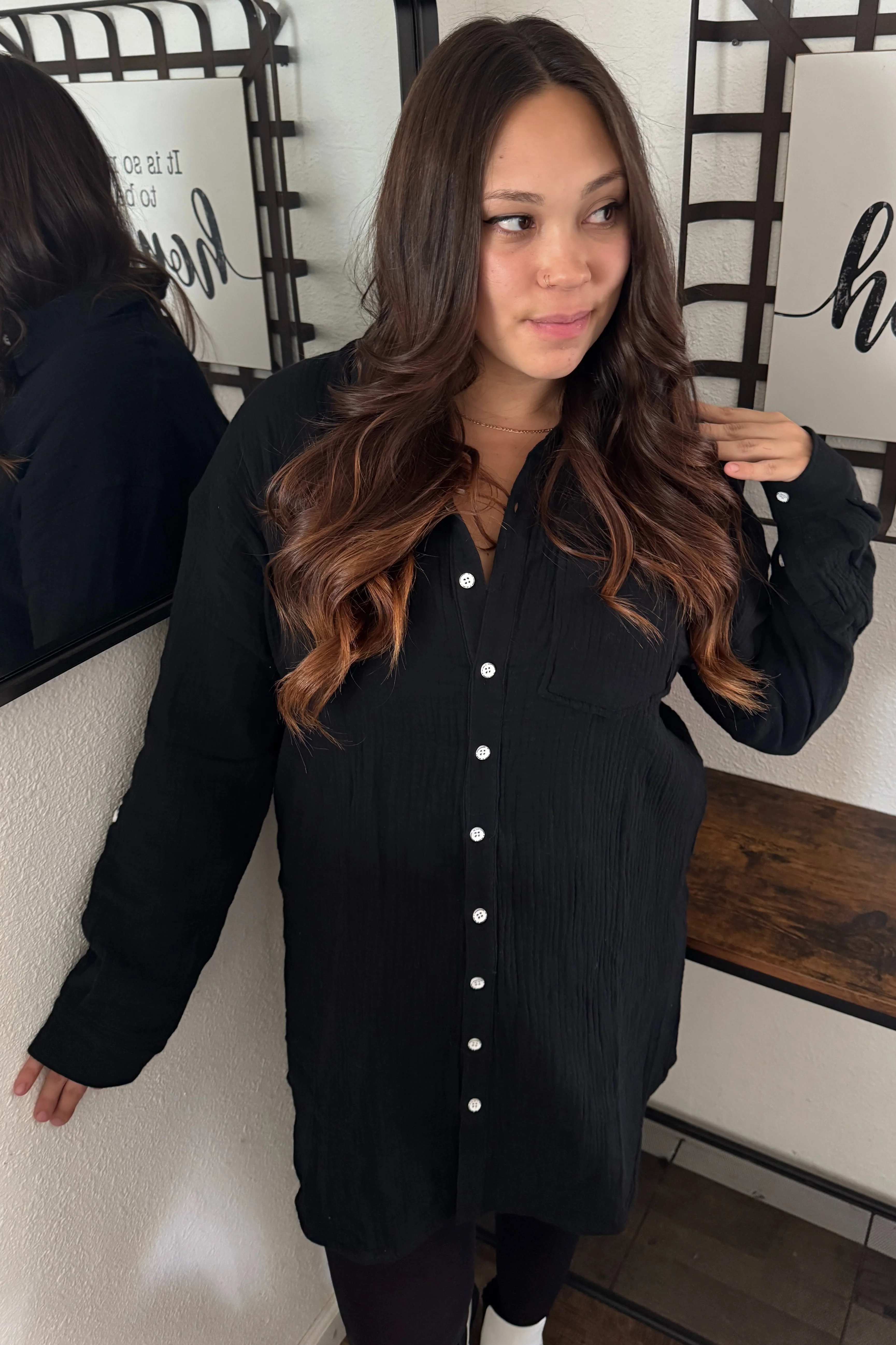 Black Rolled Cuff Button Down Dress - Image 4