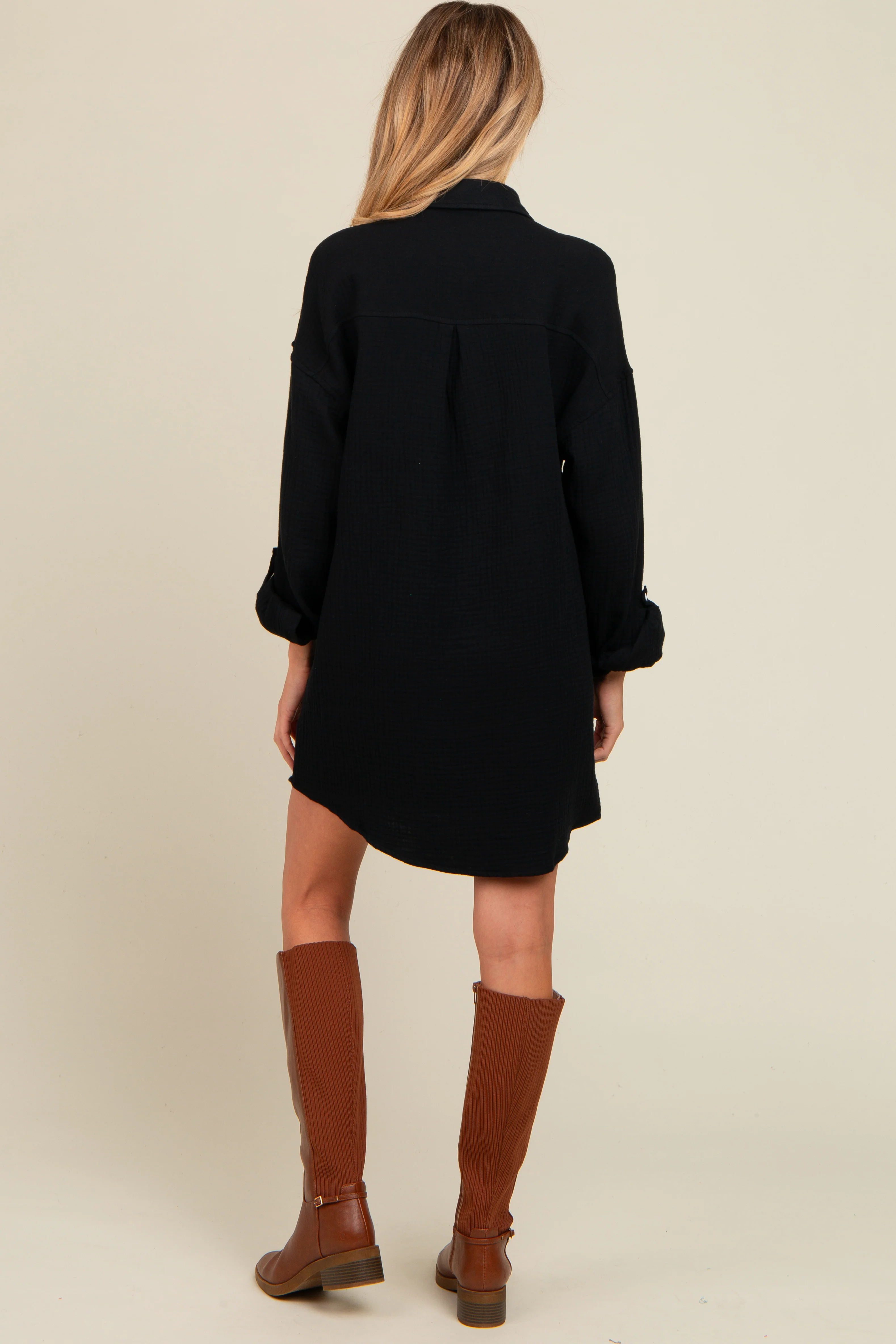 Black Rolled Cuff Maternity Button Down Dress - Image 4