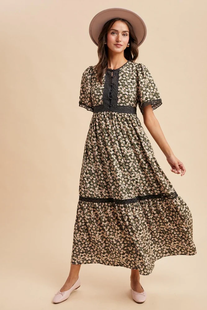 Black Rose Floral Lace Inset Button Up Maxi Dress - Image 2