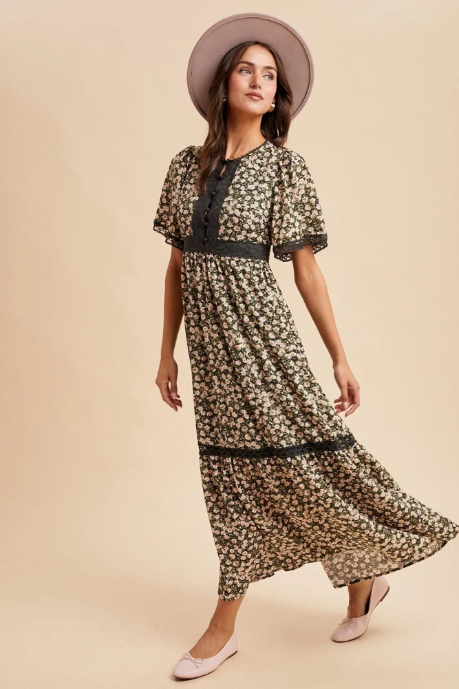 Black Rose Floral Lace Inset Button Up Maxi Dress - Image 4
