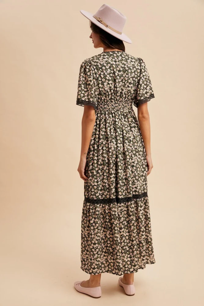Black Rose Floral Lace Inset Button Up Maxi Dress - Image 5