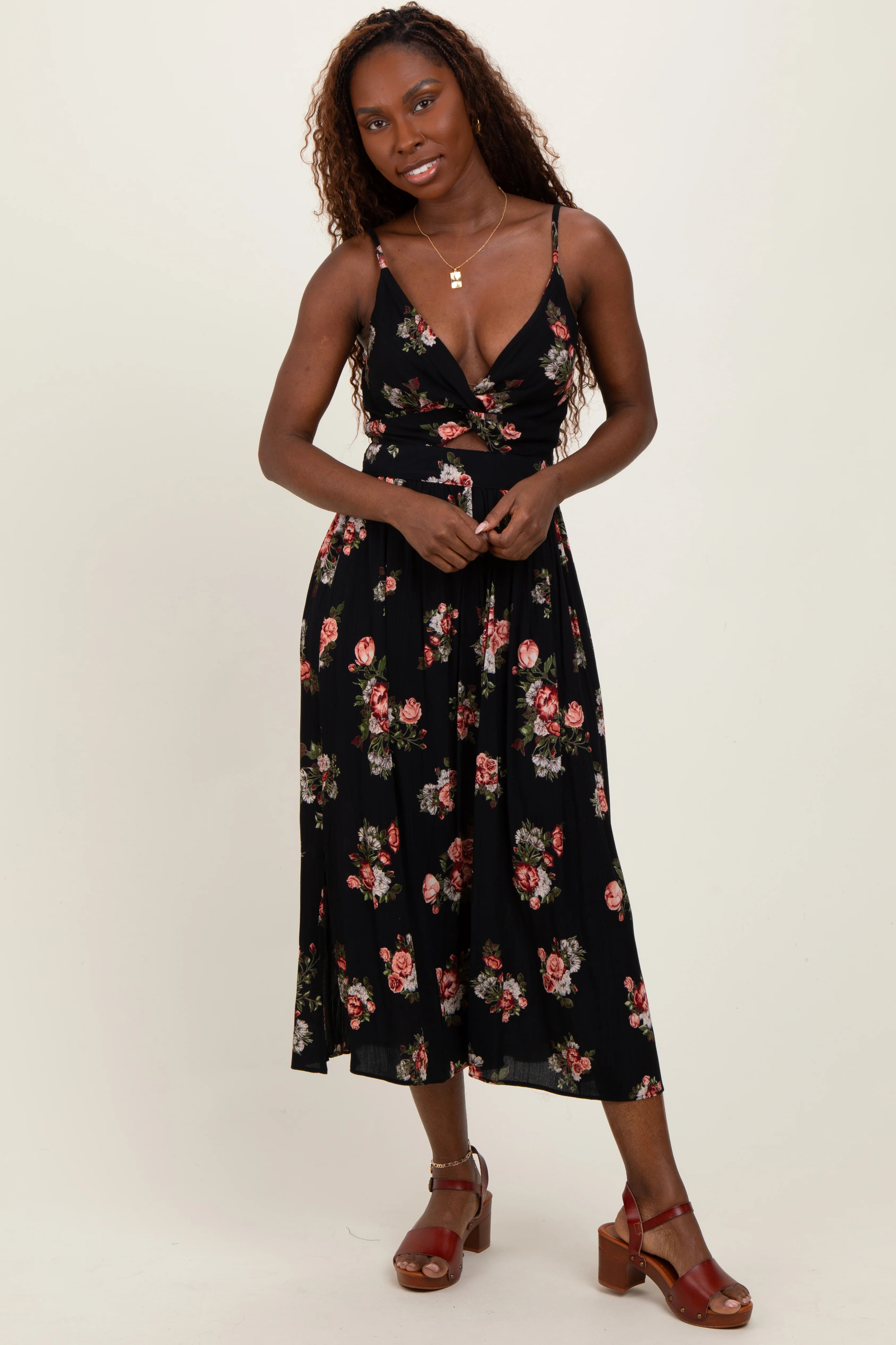 Black Rose Print Twist Front Cutout Maternity Midi Dress - Image 4
