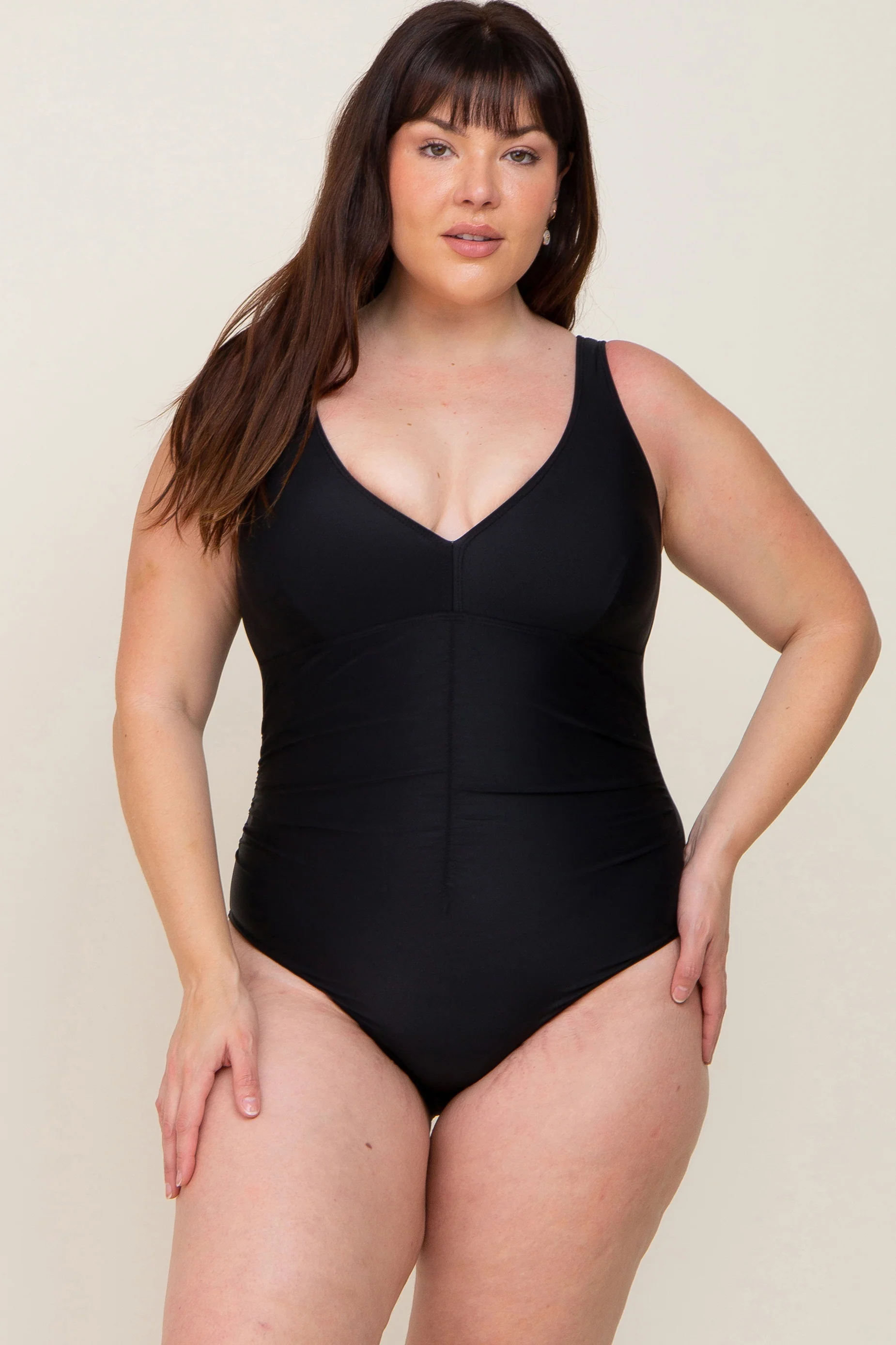 Black Ruched Plus Maternity One Piece Swimsuit - Image 5