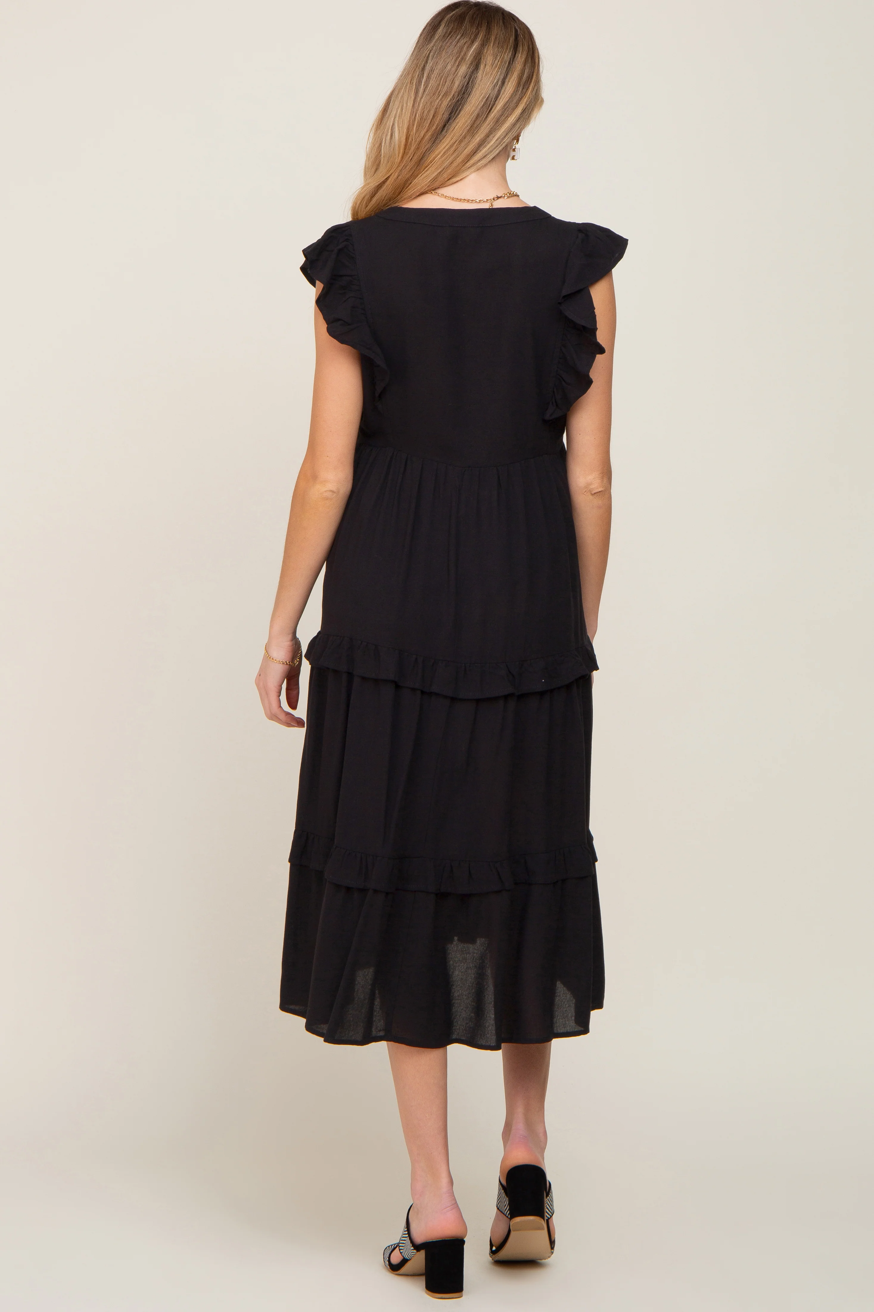 Black Ruffle Accent Tiered Maternity Midi Dress - Image 4