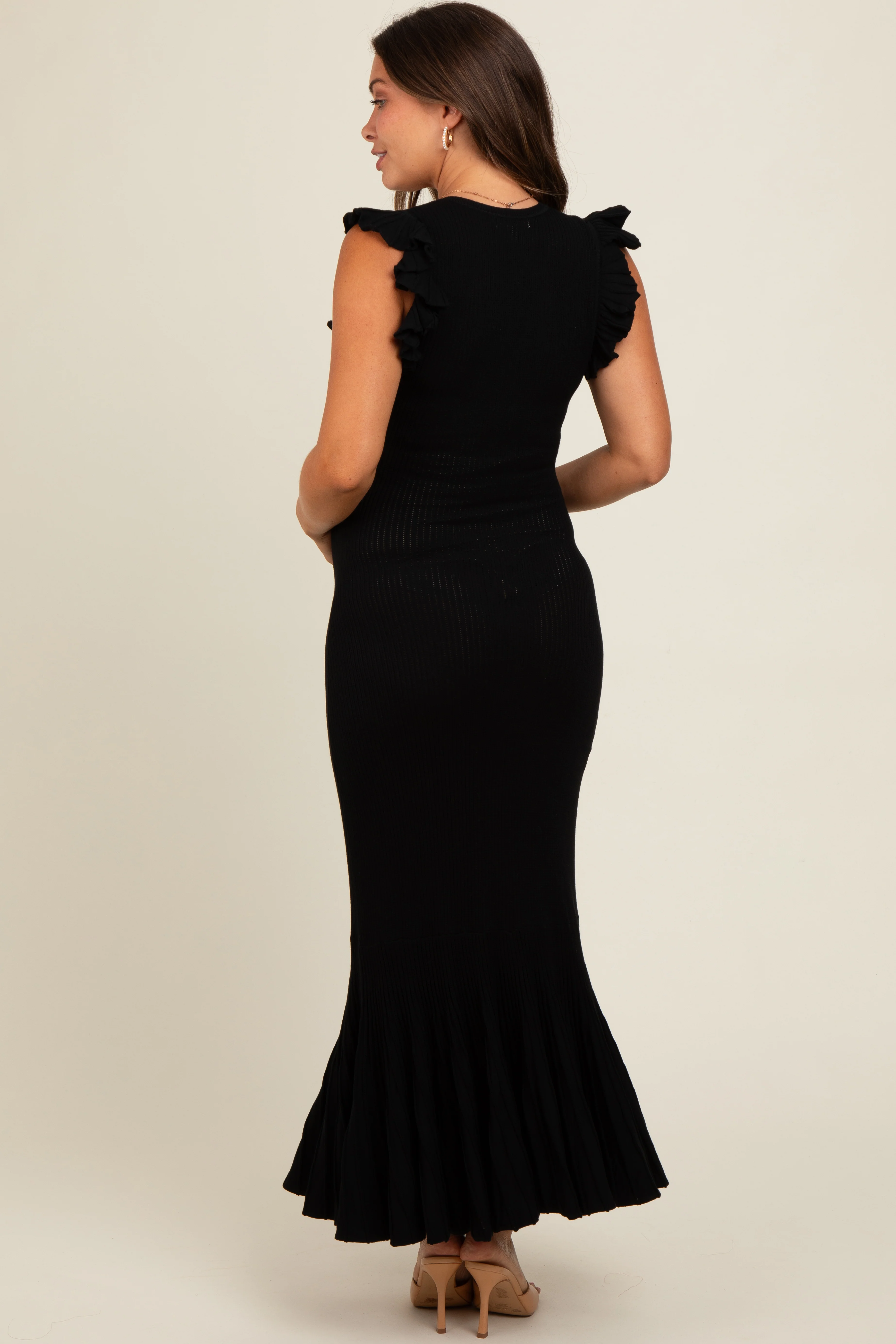 Black Ruffle Sleeve Mermaid Hem Maternity Midi Dress - Image 4