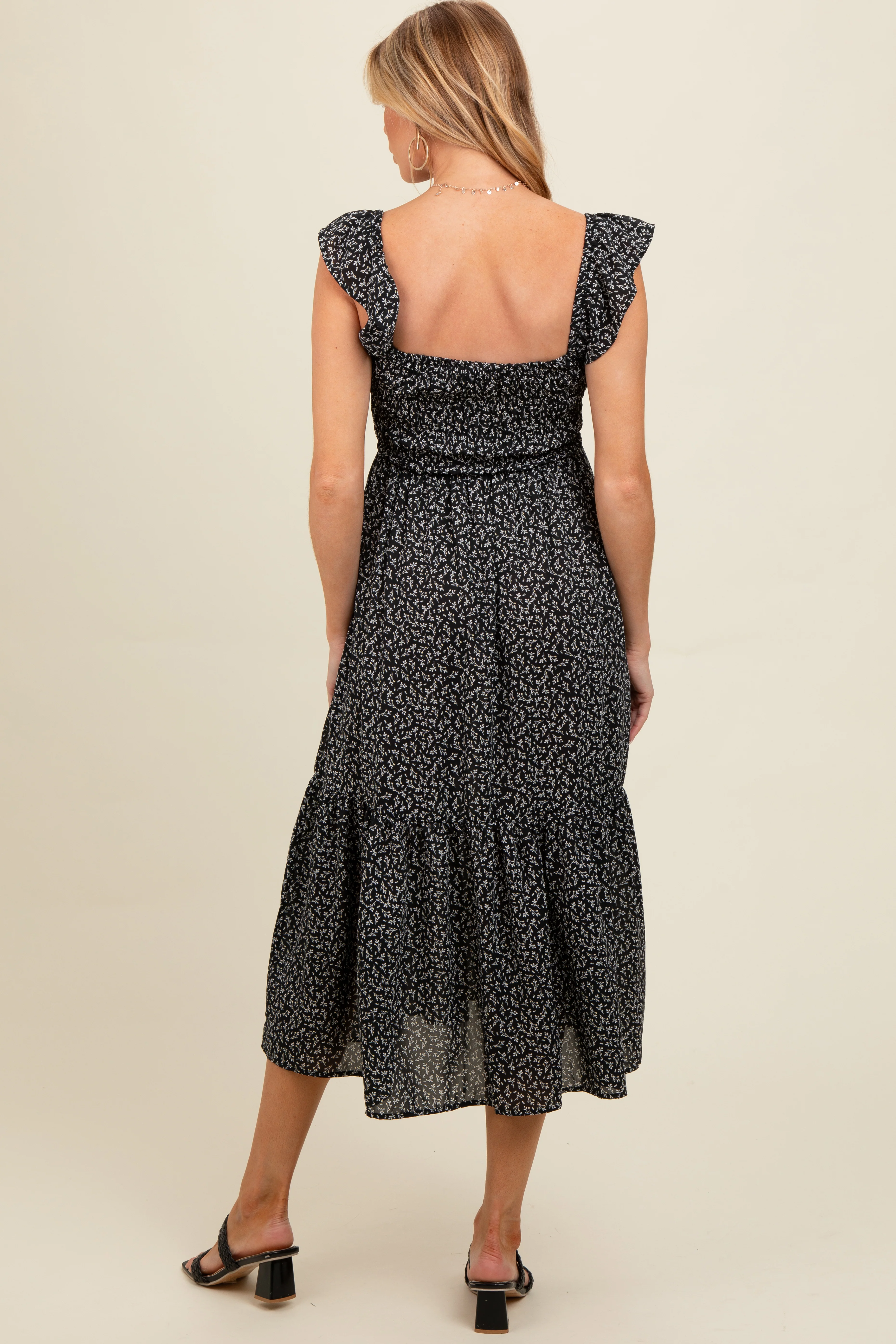 Black Ruffle Strap Smocked Maternity Mid Dress - Image 4