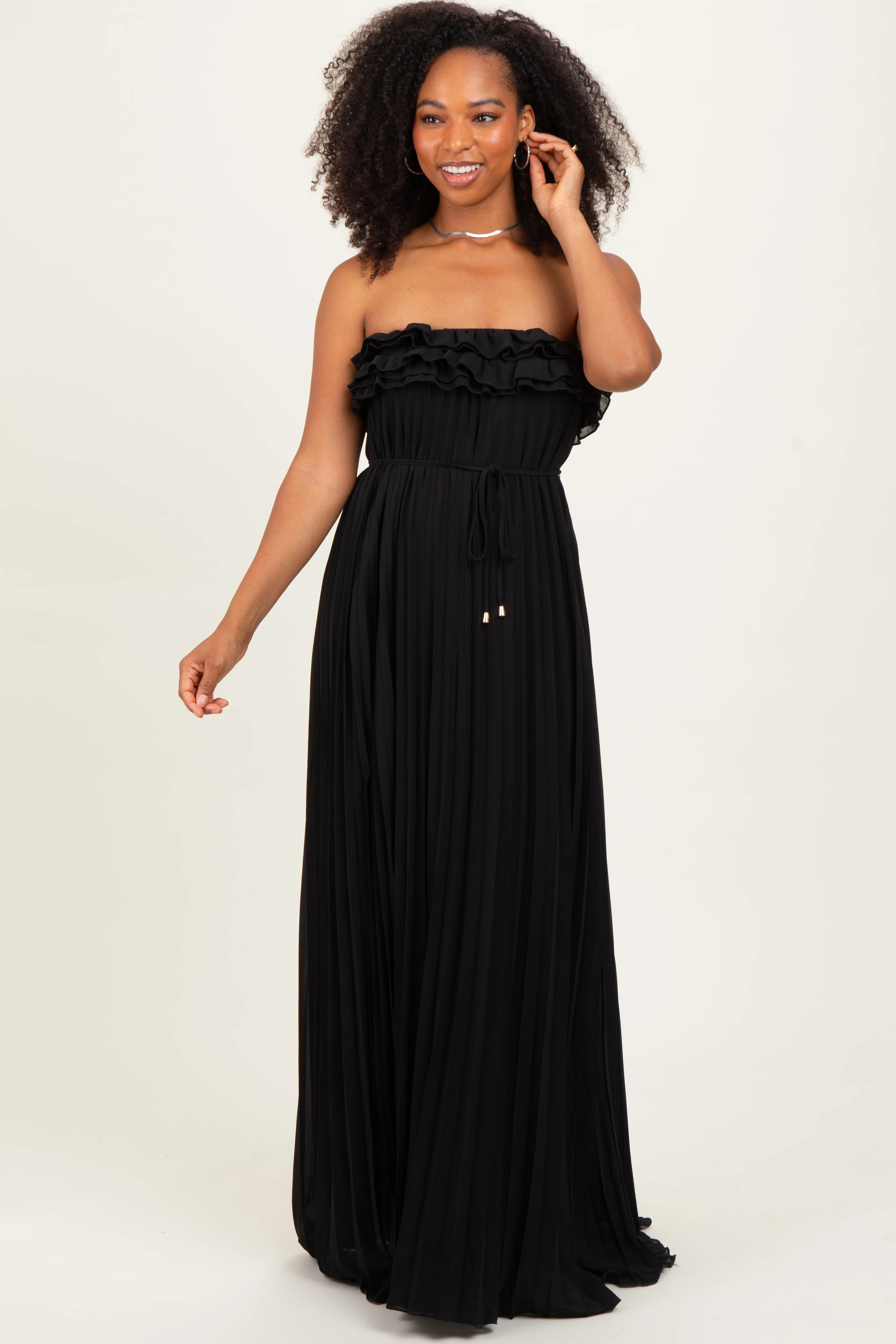 Black Ruffled Chest Pleated Maxi Dress With Self Tie