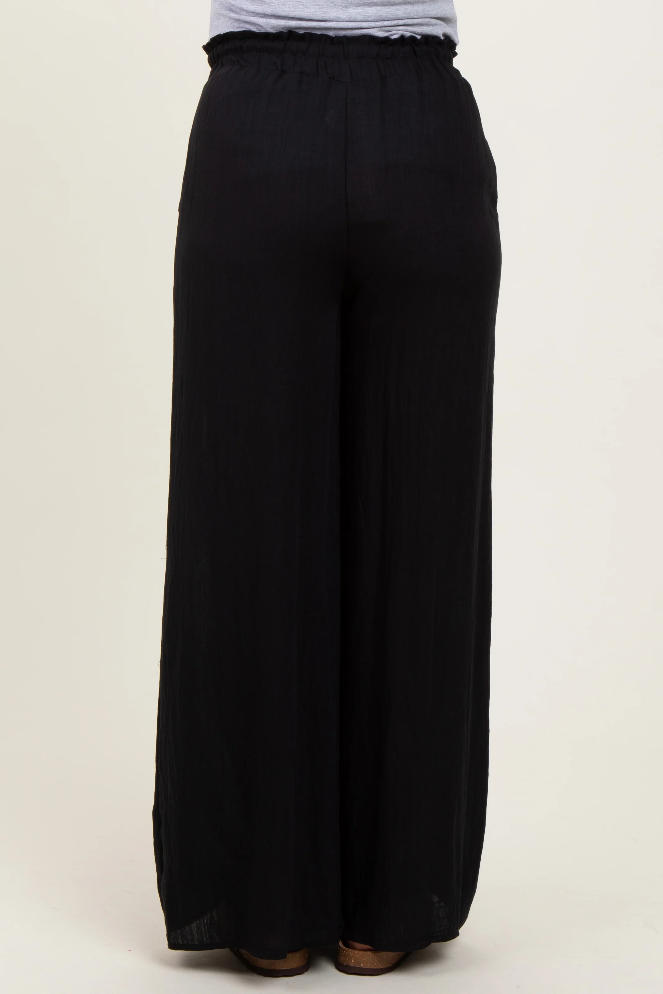 Black Ruffled Drawstring Waist Wide Leg Maternity Pants - Image 4
