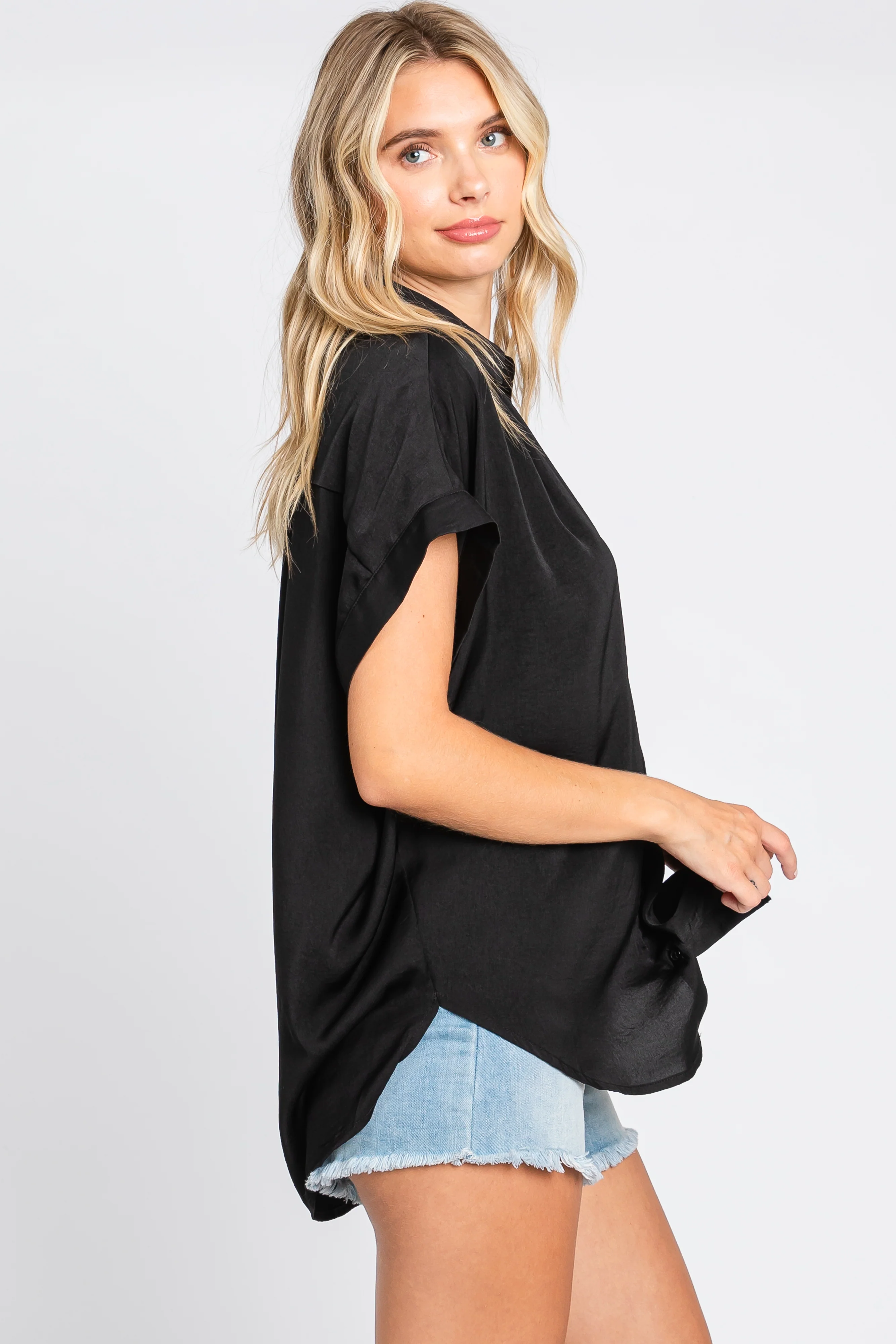 Black Satin Button Front Collared Short Sleeve Top - Image 2