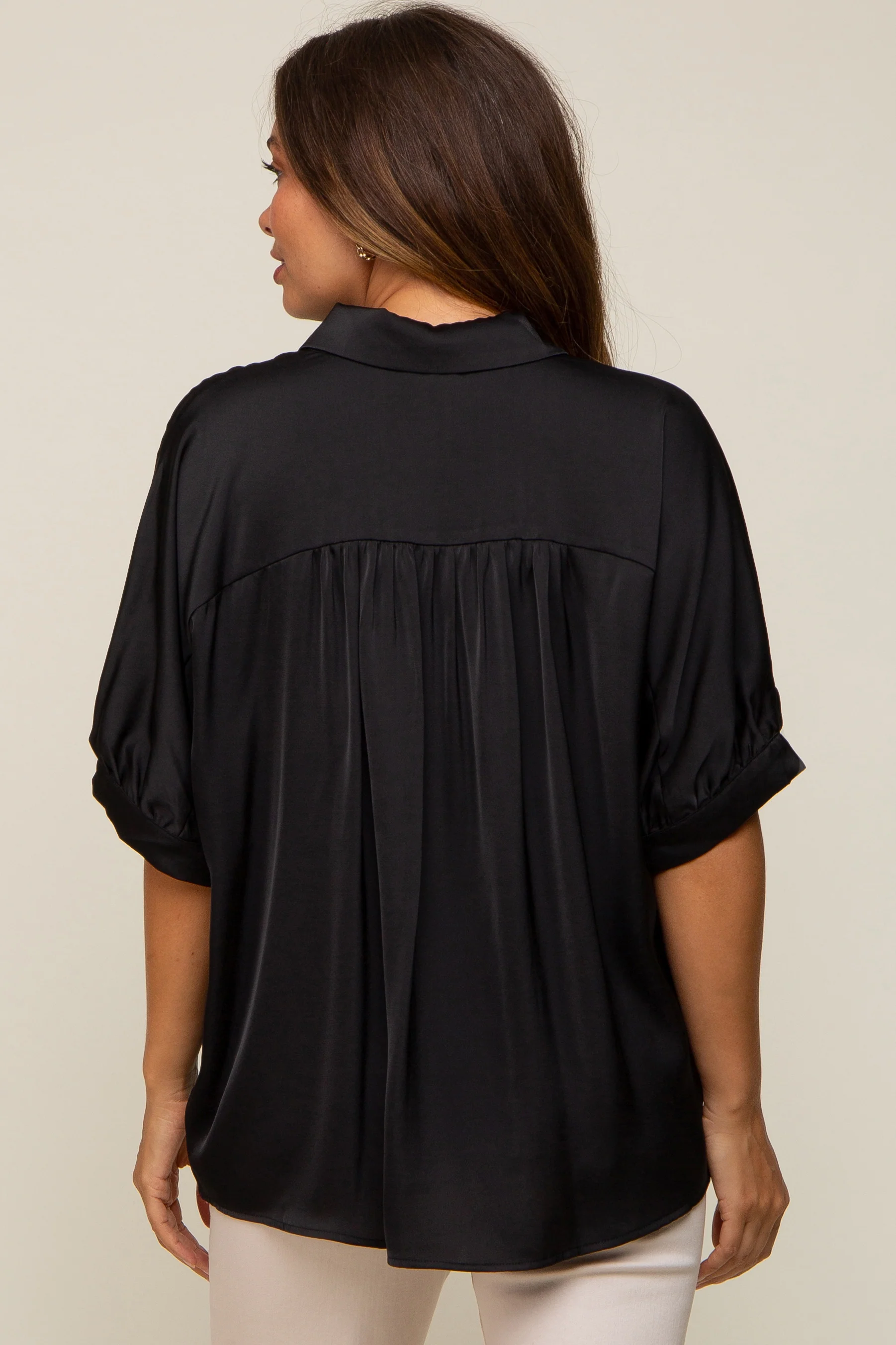 Black Satin Button Up Maternity Top - Image 3