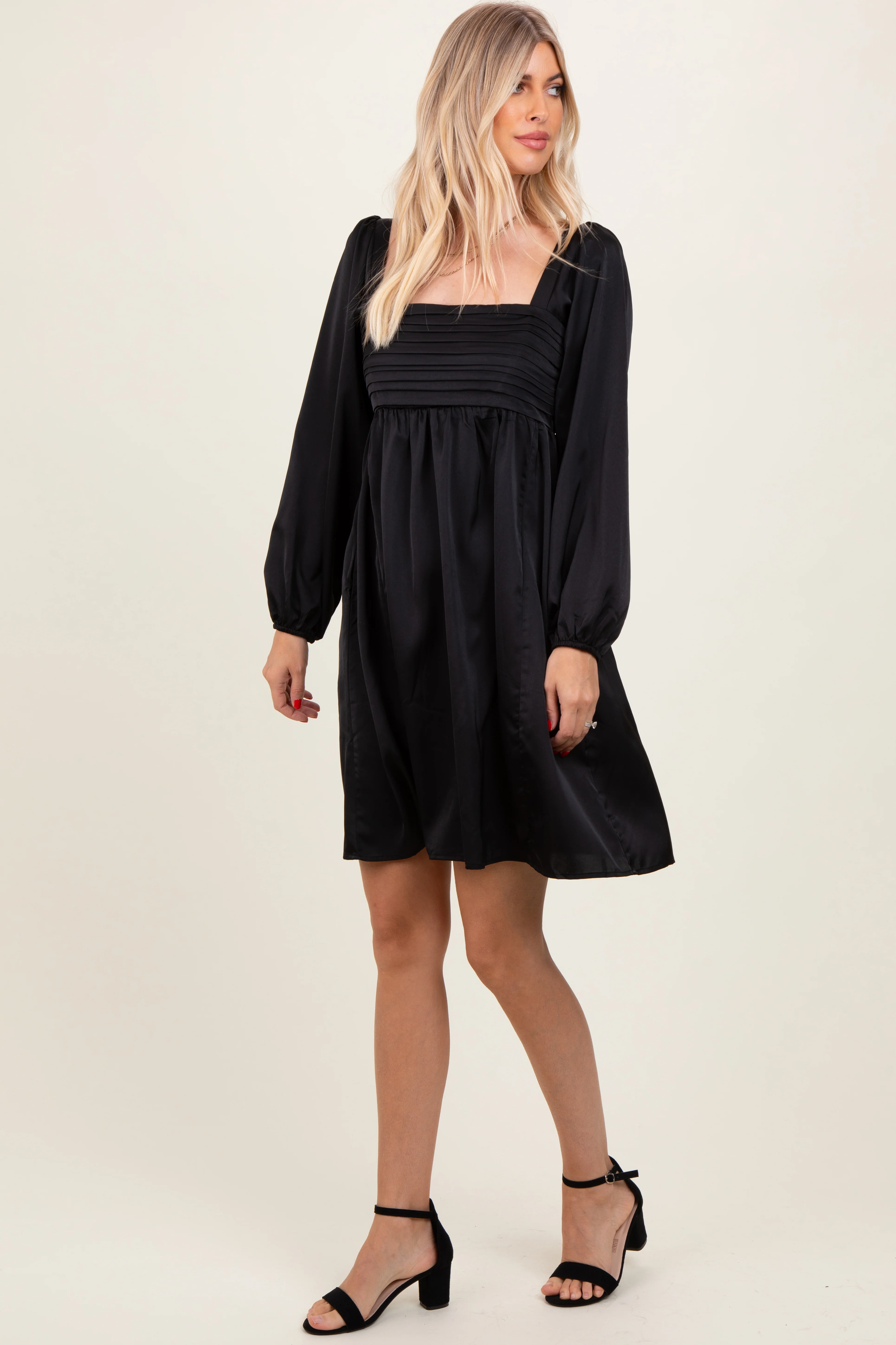 Black Satin Pleated Detail Bodice Dress - Image 2