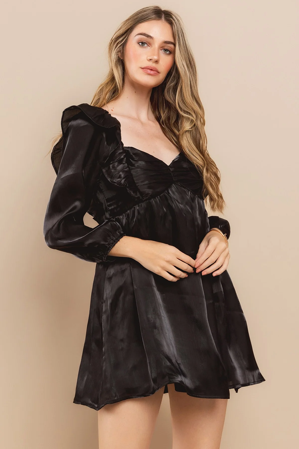 Black Satin Smocked Back Babydoll Dress - Image 3