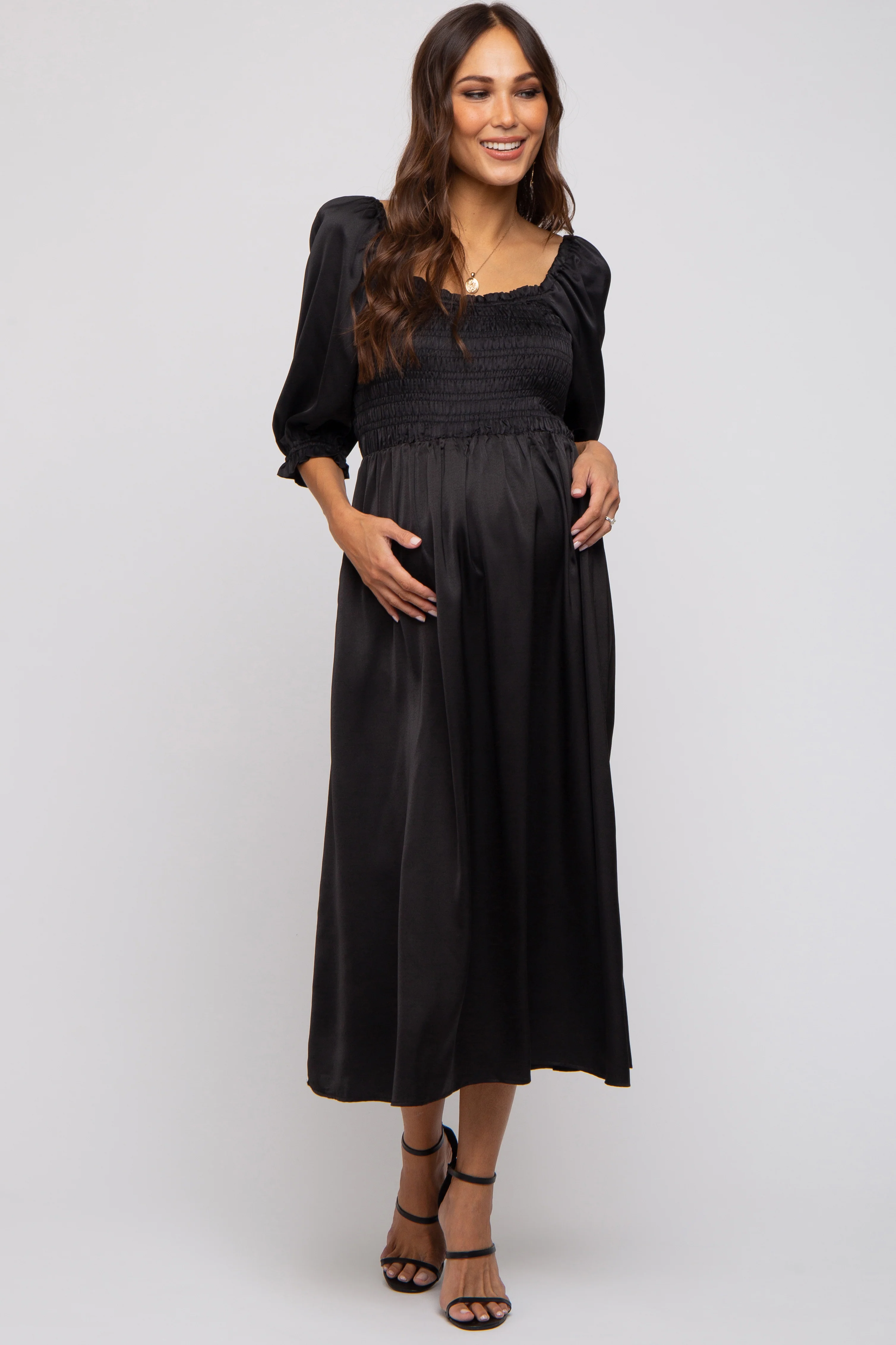 Black Satin Smocked Maternity Midi Dress - Image 5