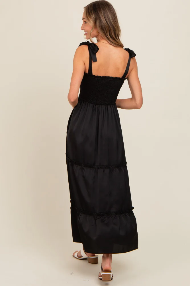 Black Satin Smocked Maxi Dress - Image 4