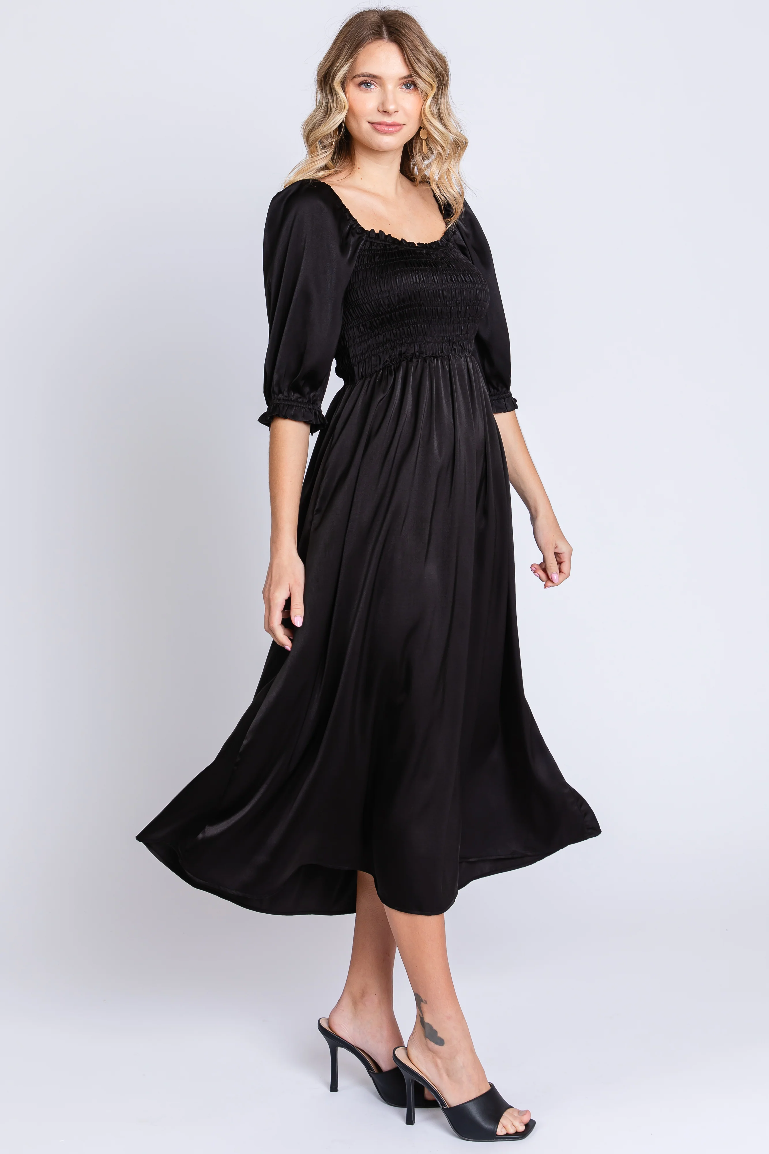 Black Satin Smocked Midi Dress - Image 2