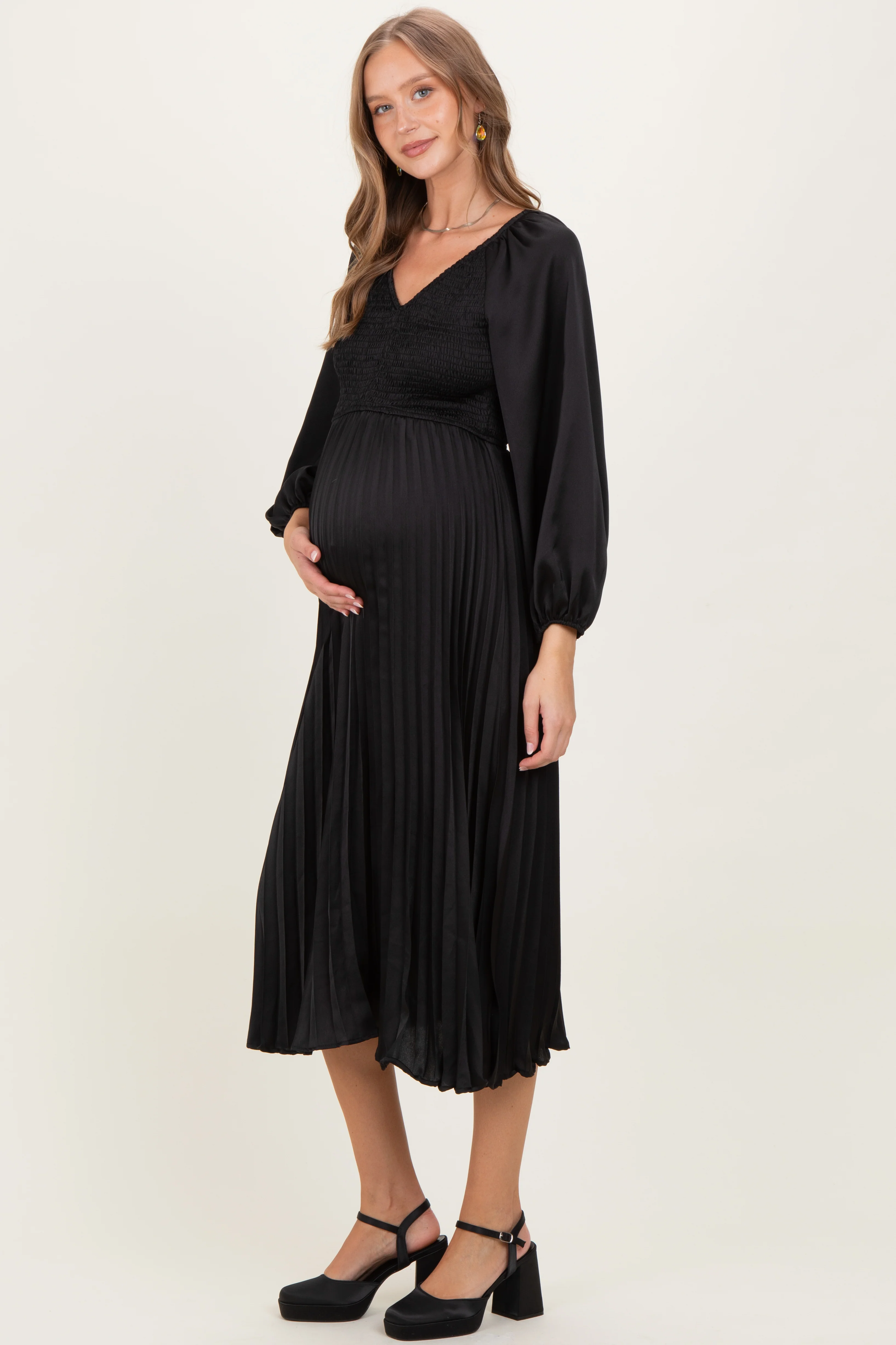 Black Satin Smocked Pleated Maternity Midi Dress - Image 3