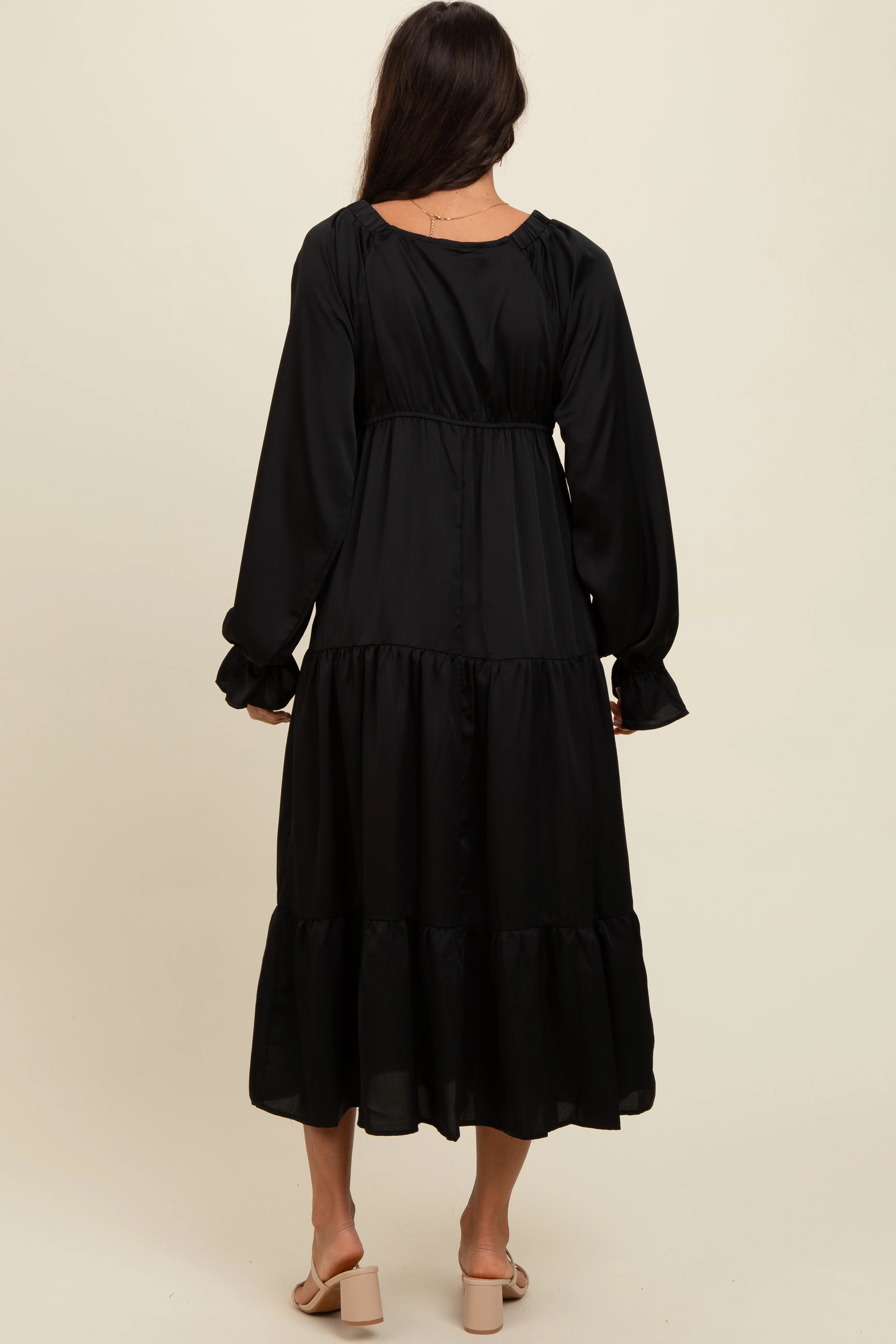 Black Satin V-Neck Tiered Maxi Dress - Image 4