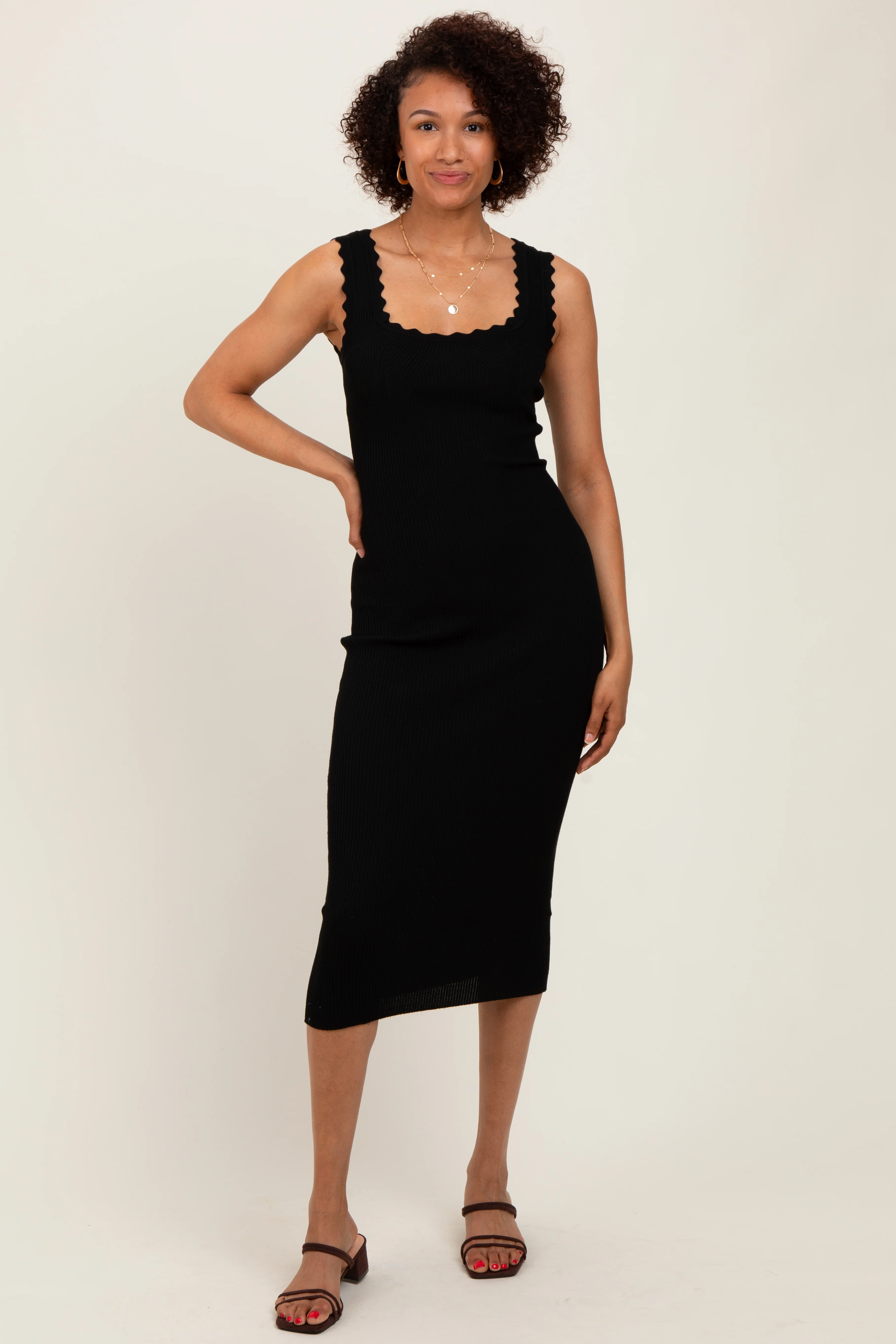 Black Scallop Trim Ribbed Knit Sleeveless Maternity Midi Dress - Image 5