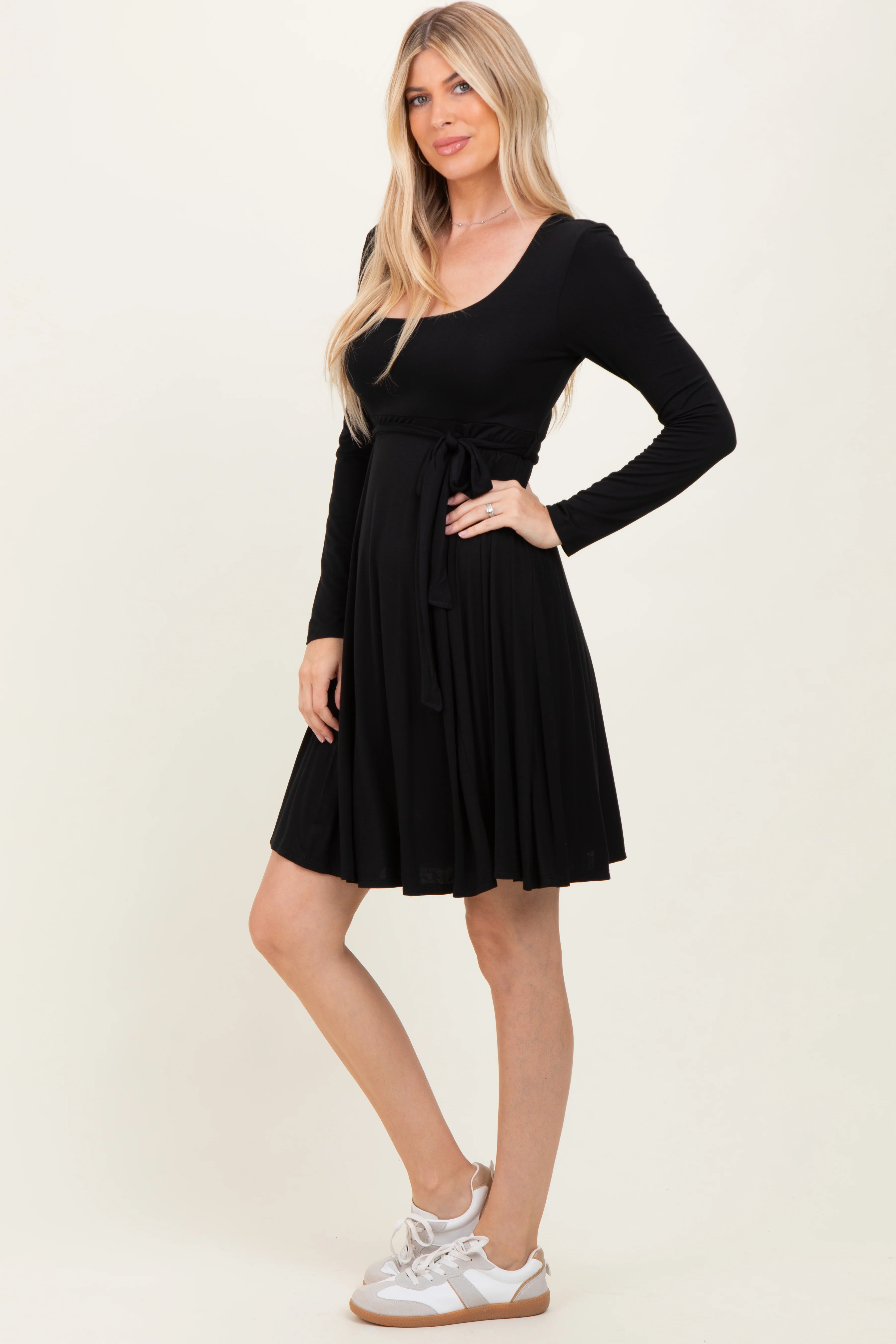 Black Scoop Neck Long Sleeve Waist Tie Dress - Image 3
