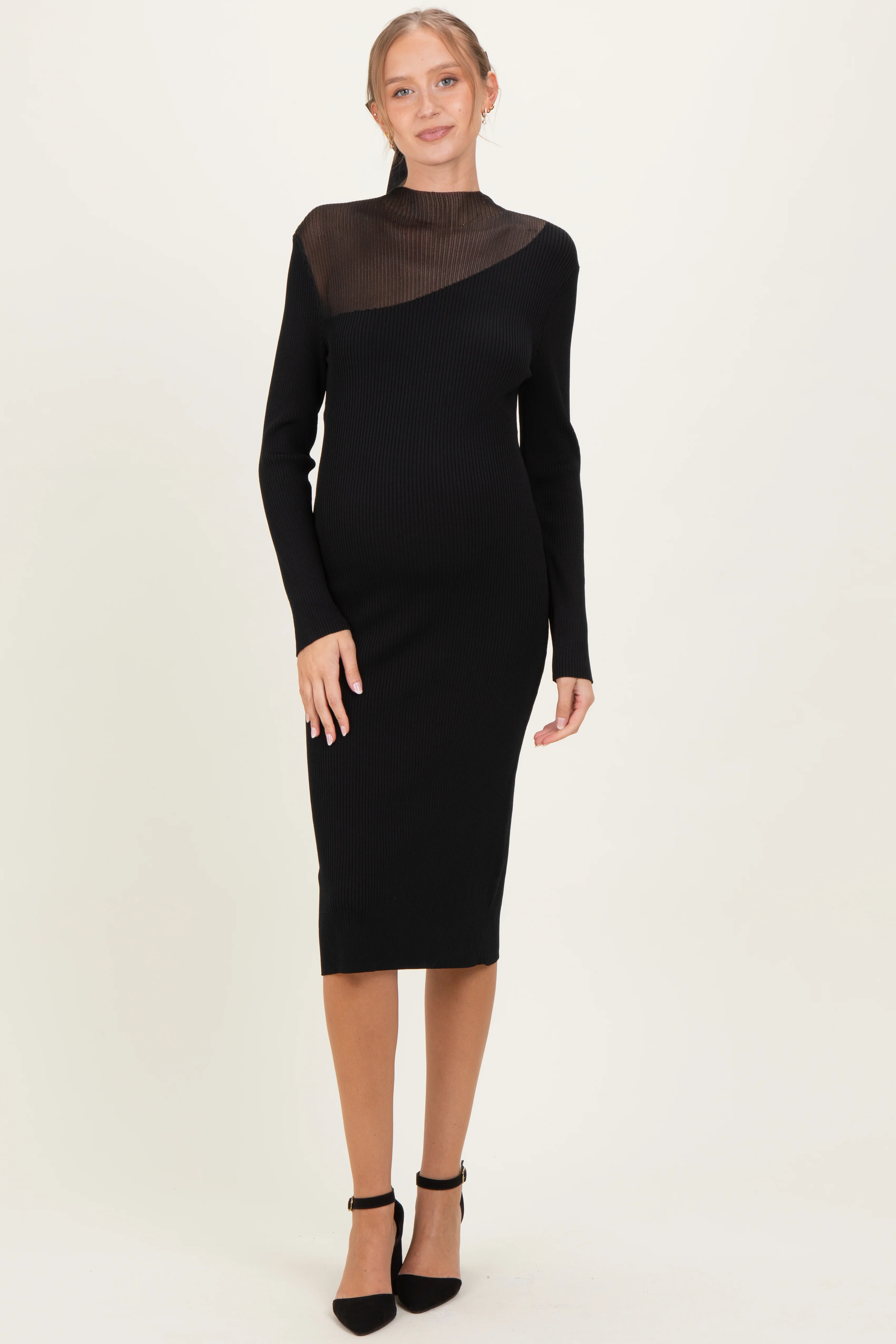Black Semi-Sheer Mockneck Maternity Sweater Dress - Image 2