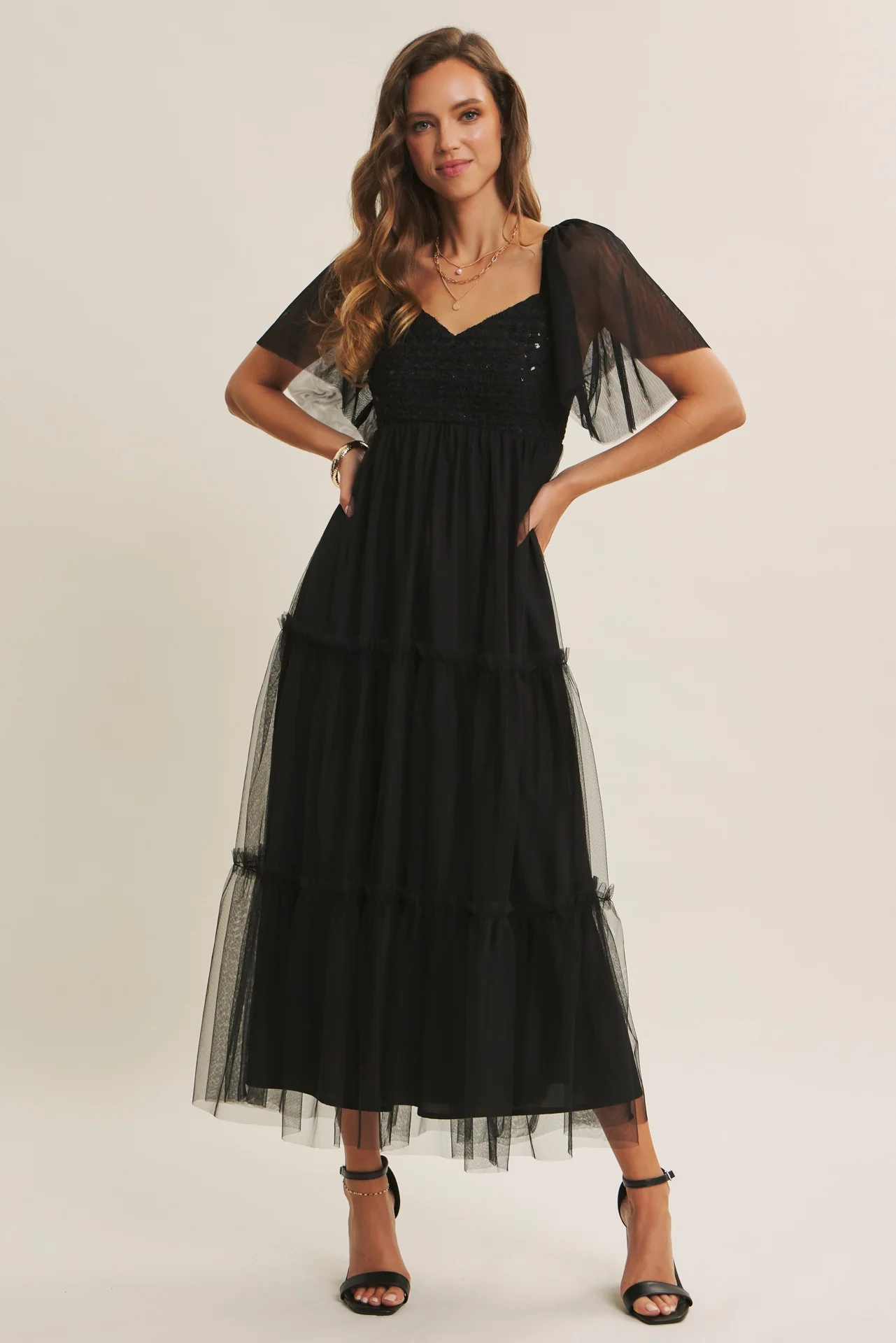 Black Sequin Bodice Tulle Tiered Maternity Midi Dress - Image 5