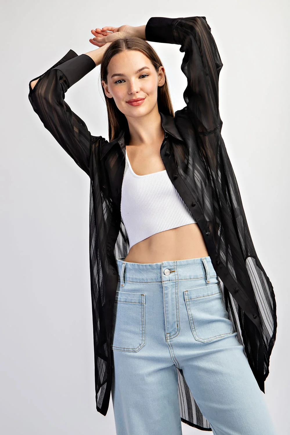 Black Sheer Stripe Button Down Maternity Blouse - Image 4