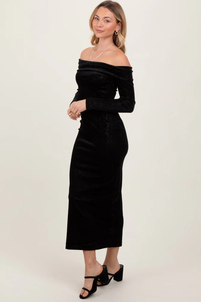 Black Shiny Velour Off Shoulder Midi Dress - Image 3